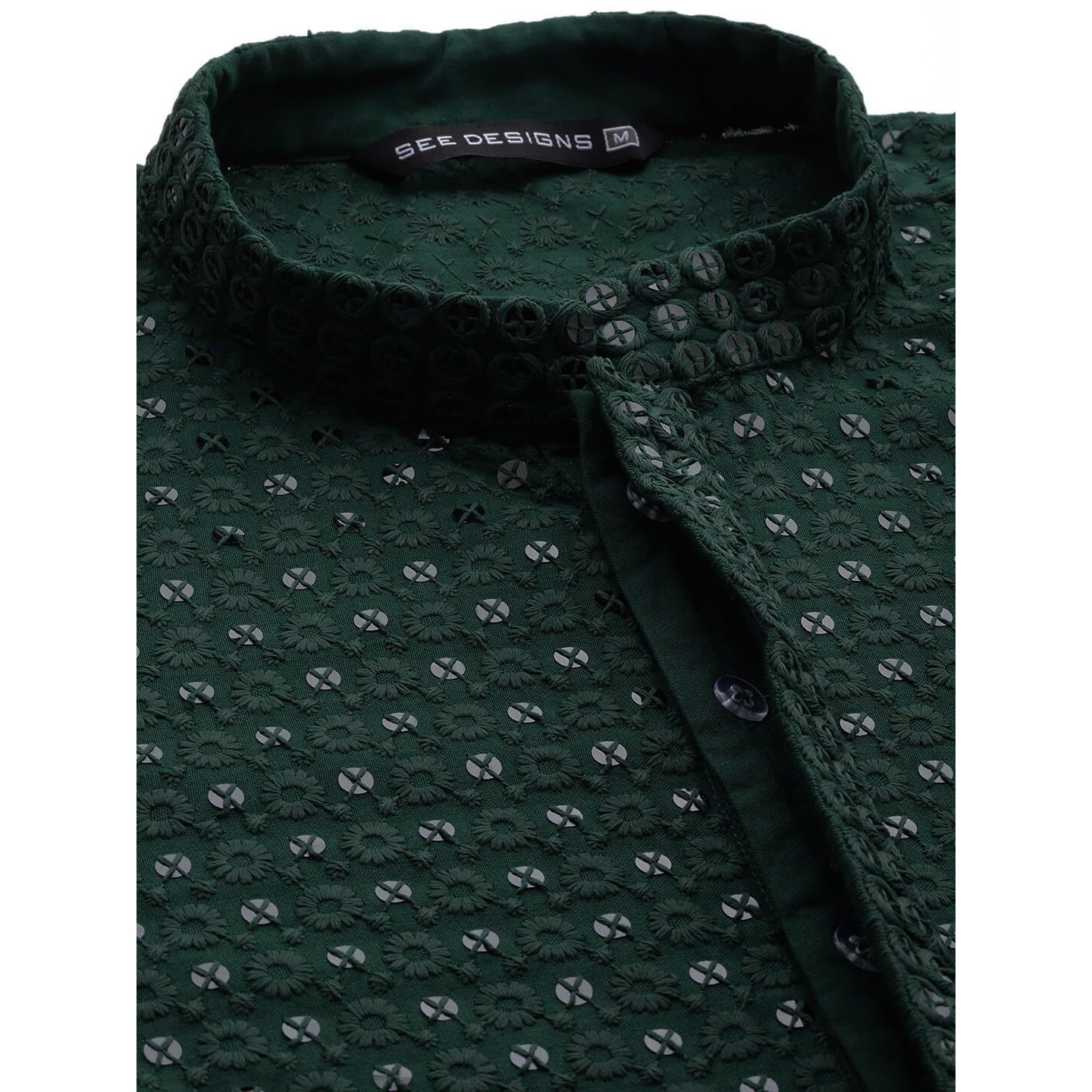 See Designs Men Mandarin Collar Green Floral Embroidered Sequined Rayon Full Sleeve Kurta With Pyjama - Sd2Ekt_129201M