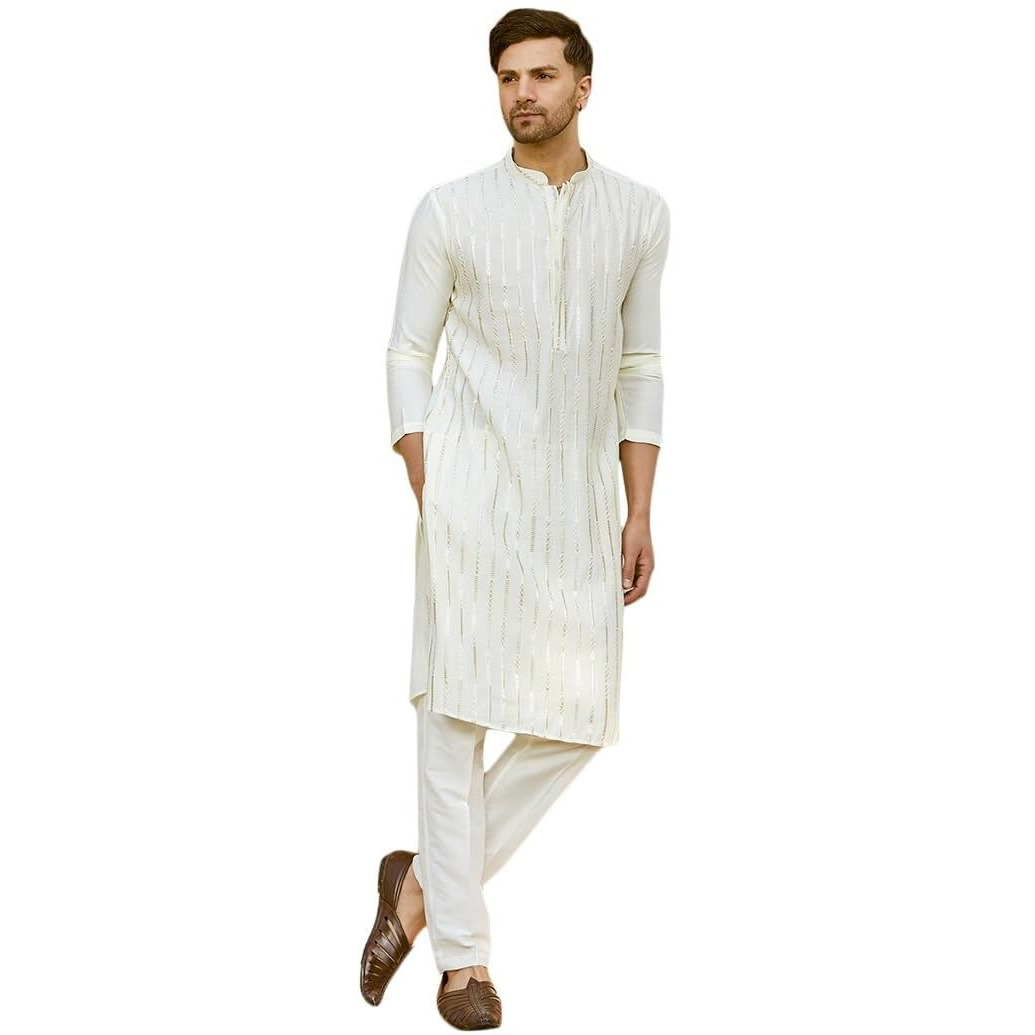 See Designs Men Full Sleeve Off White And Gold Chanderi Silk Sequins Mandarin Collar Side Slit Kurta With Pyjama - Sdkt242206Xs