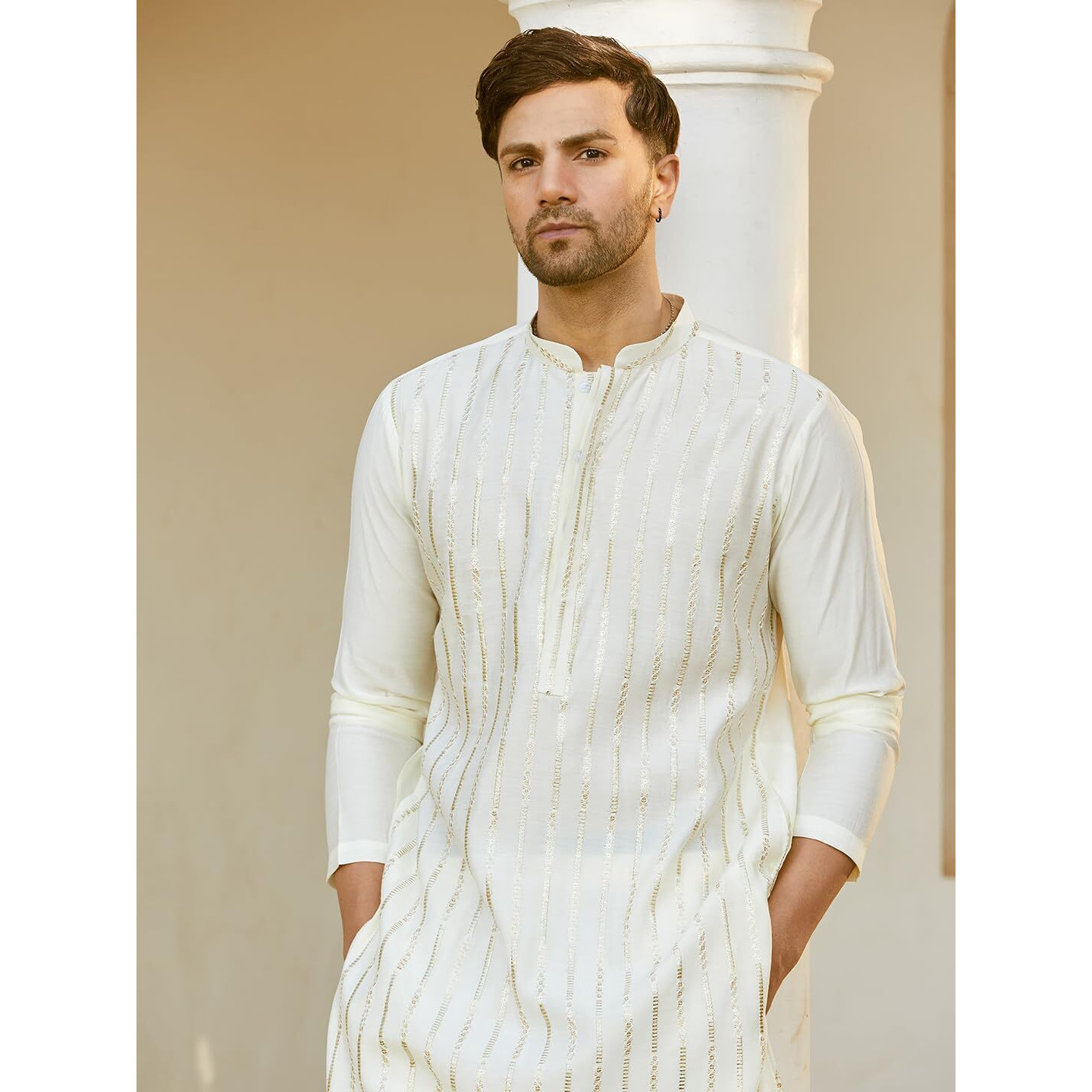 See Designs Men Full Sleeve Off White And Gold Chanderi Silk Sequins Mandarin Collar Side Slit Kurta With Pyjama - Sdkt242206Xs