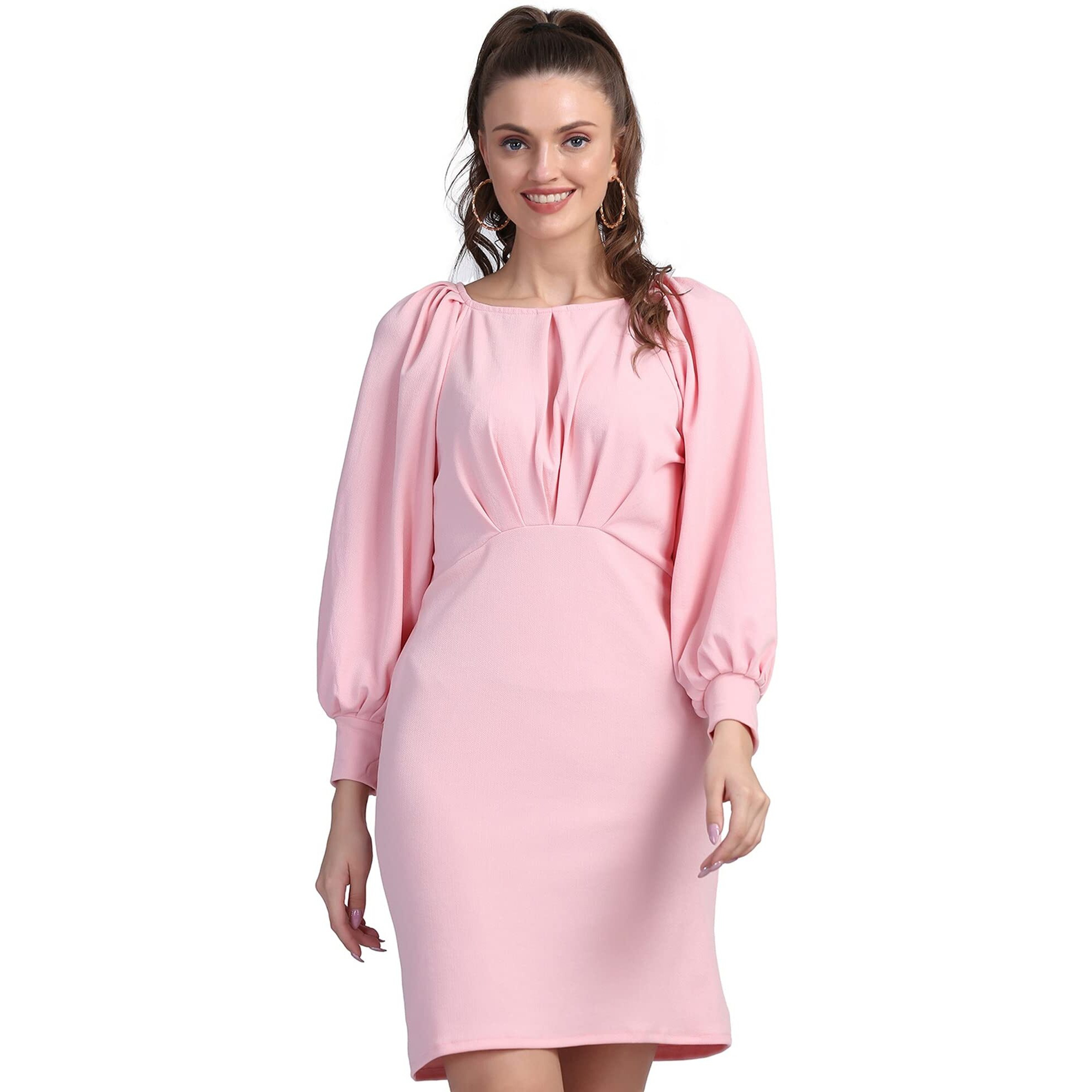 Shasmi Women's Comfortable Peach Round Neck Full Sleeve Solid Midi Bodycon Casual Western Stylish Dress For Womens/Midi Dress For Girls (Shree Midi 15 Peach S)