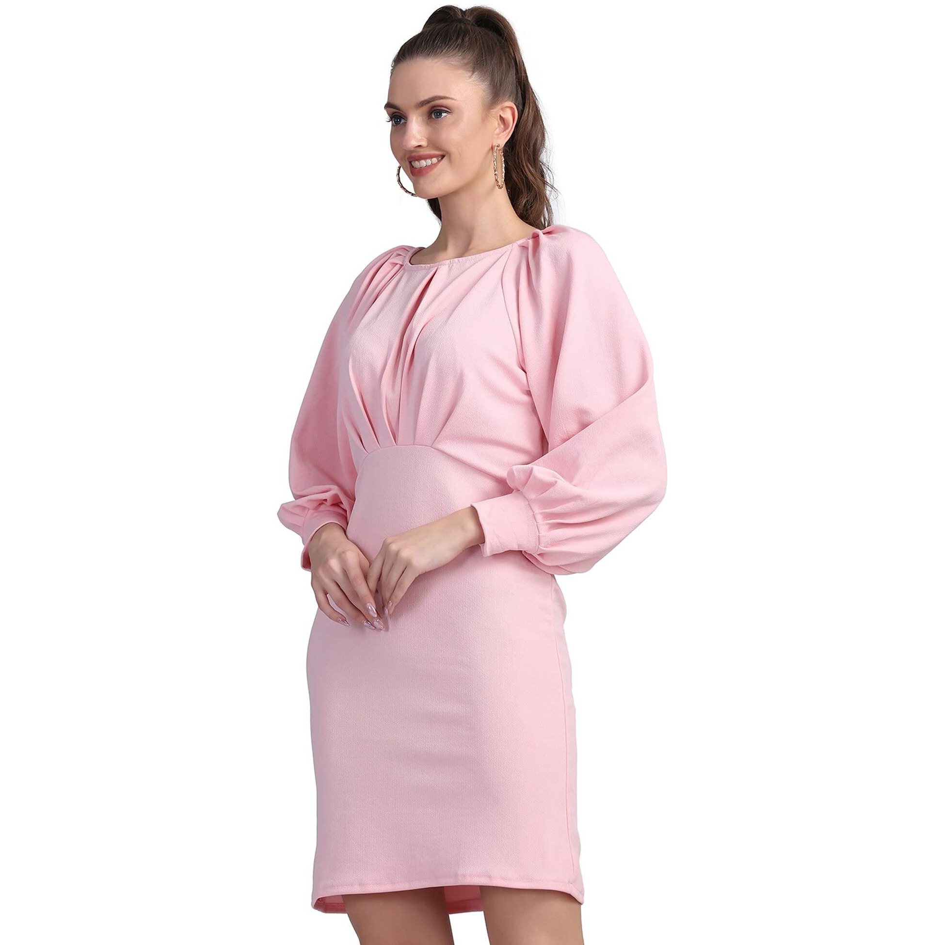 Shasmi Women's Comfortable Peach Round Neck Full Sleeve Solid Midi Bodycon Casual Western Stylish Dress For Womens/Midi Dress For Girls (Shree Midi 15 Peach S)
