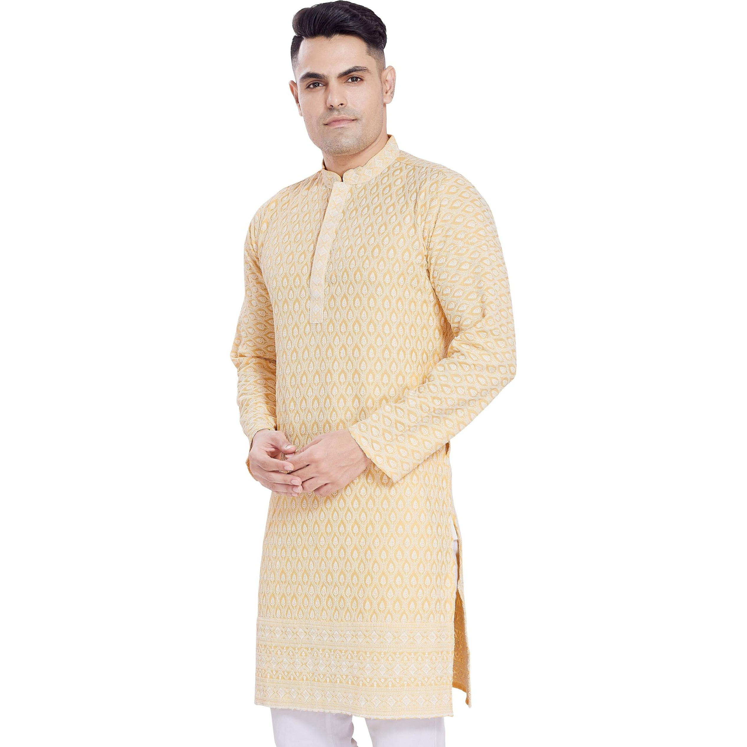 Divisive Men's Thread Embroidered Cotton Blend Only Slim Fit Kurta (Dkrt165_L_Yellow)