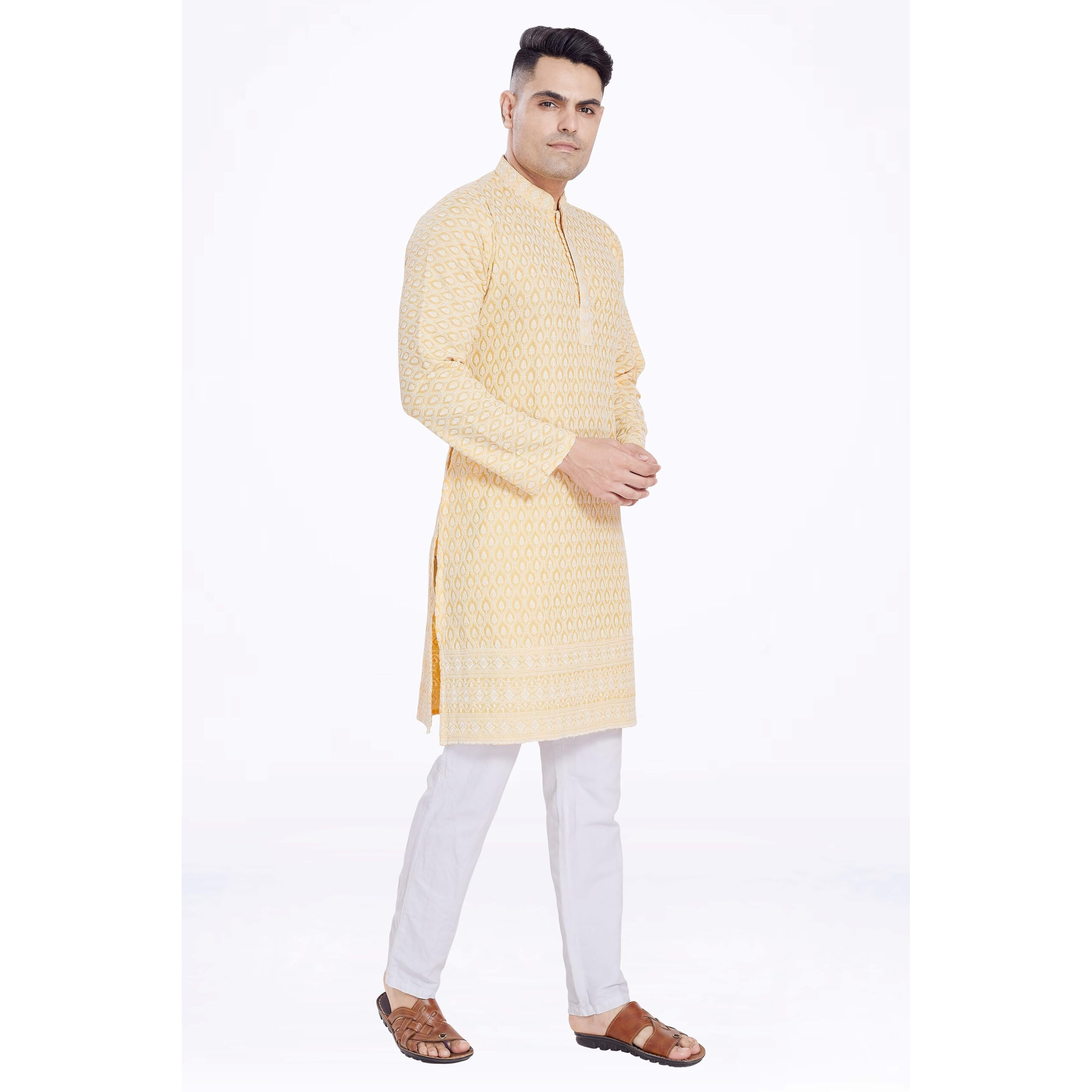 Divisive Men's Thread Embroidered Cotton Blend Only Slim Fit Kurta (Dkrt165_L_Yellow)