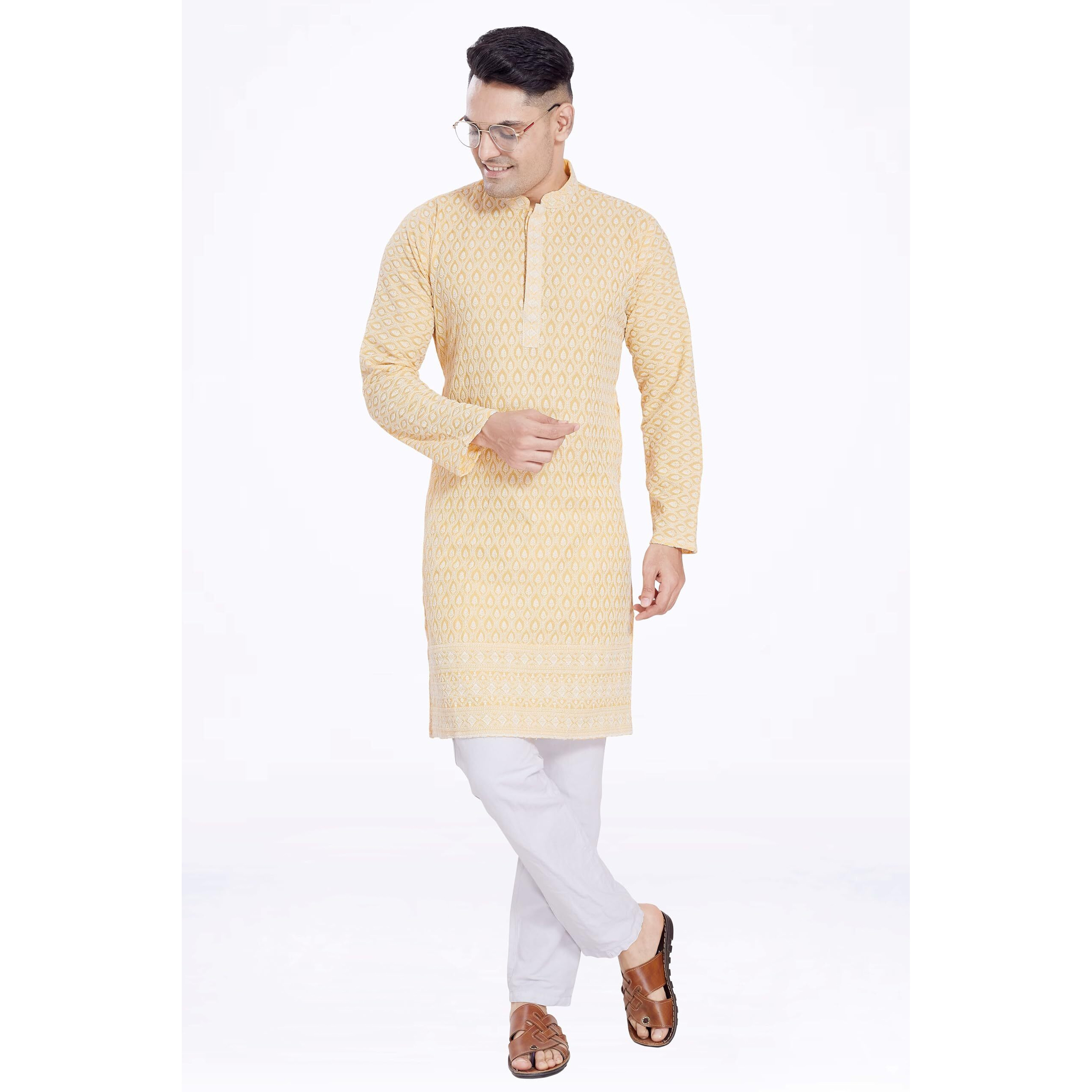 Divisive Men's Thread Embroidered Cotton Blend Only Slim Fit Kurta (Dkrt165_L_Yellow)