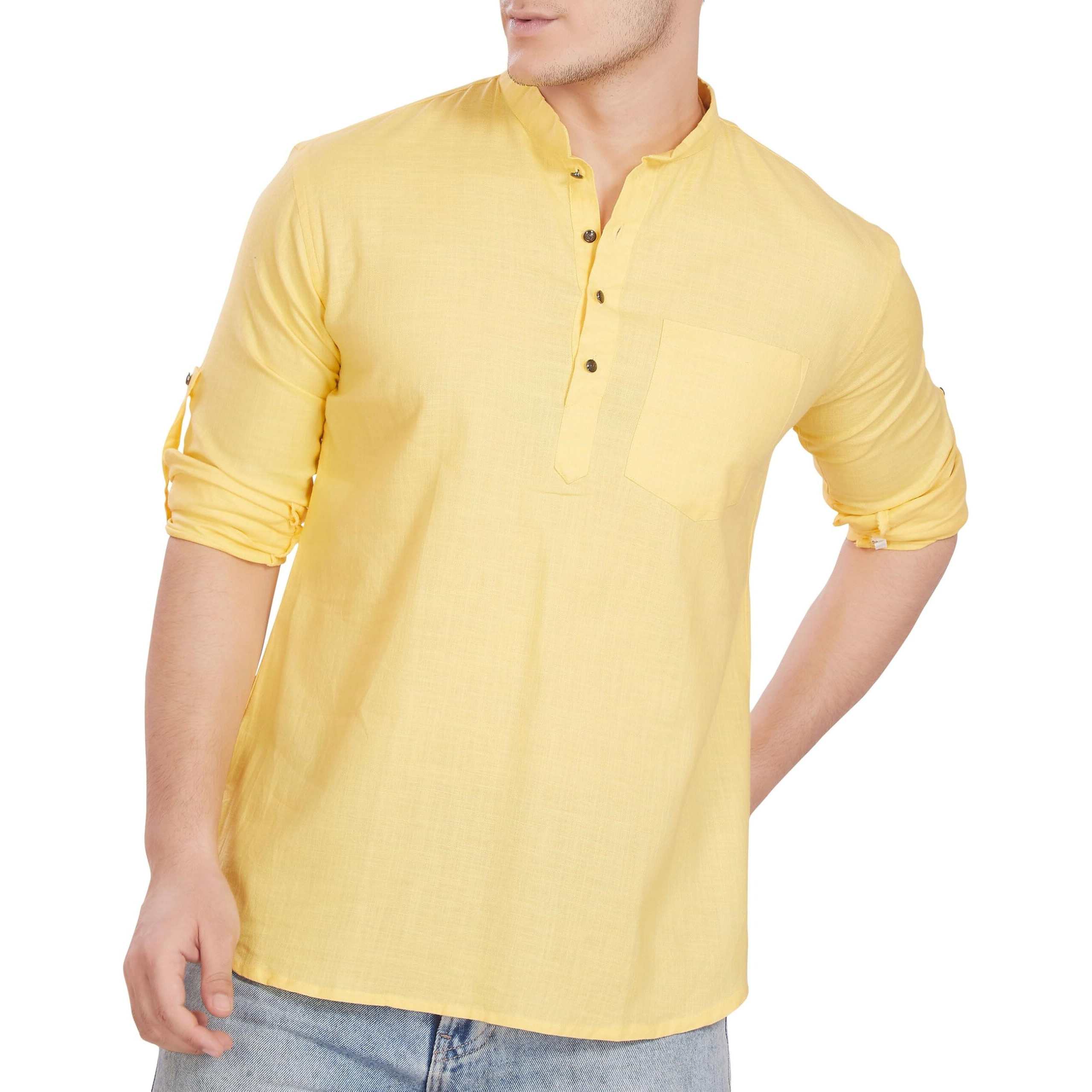 Divisive Men's Pure Cotton Relaxed Fit Short Kurta (Dkrt252_S_Yellow)