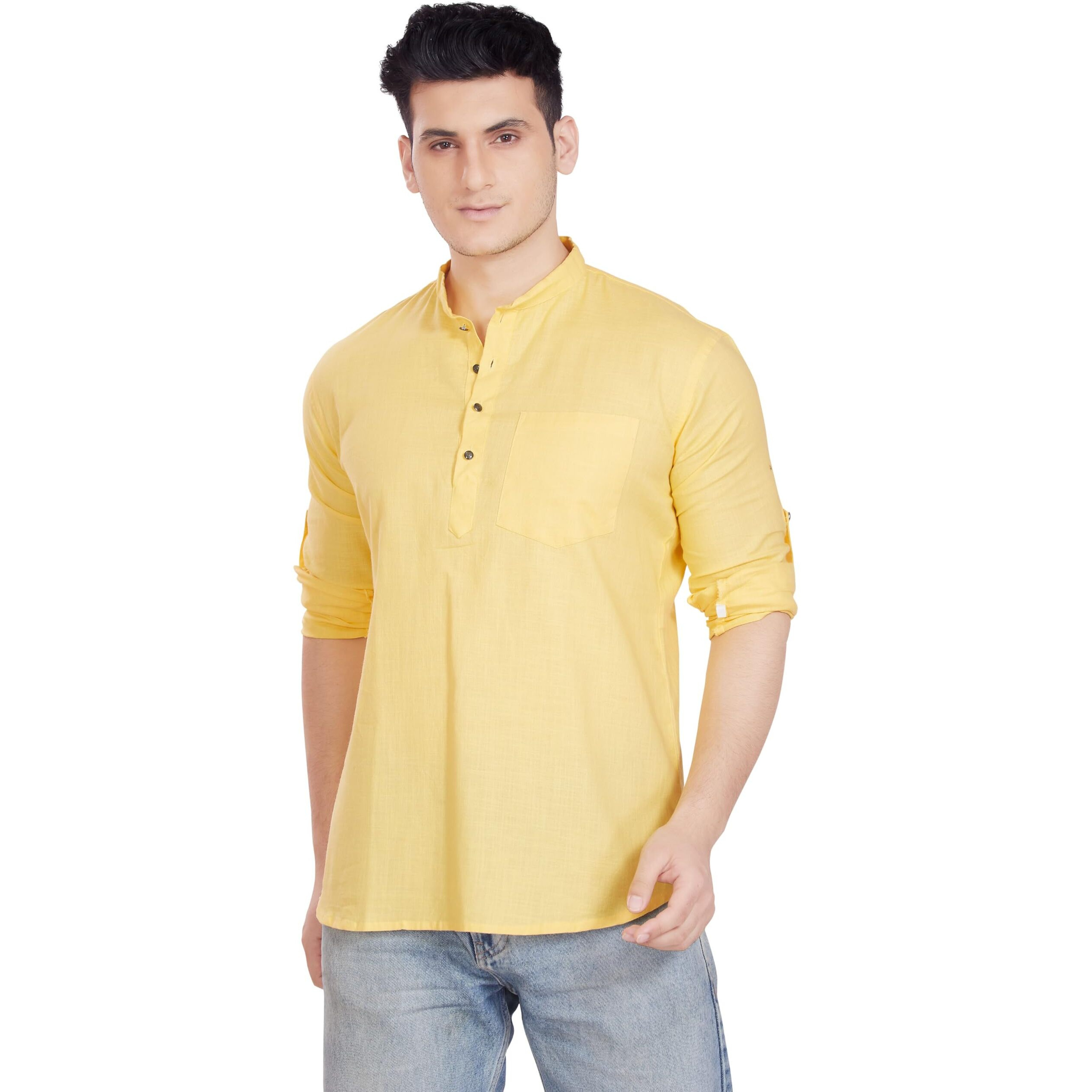 Divisive Men's Pure Cotton Relaxed Fit Short Kurta (Dkrt252_S_Yellow)