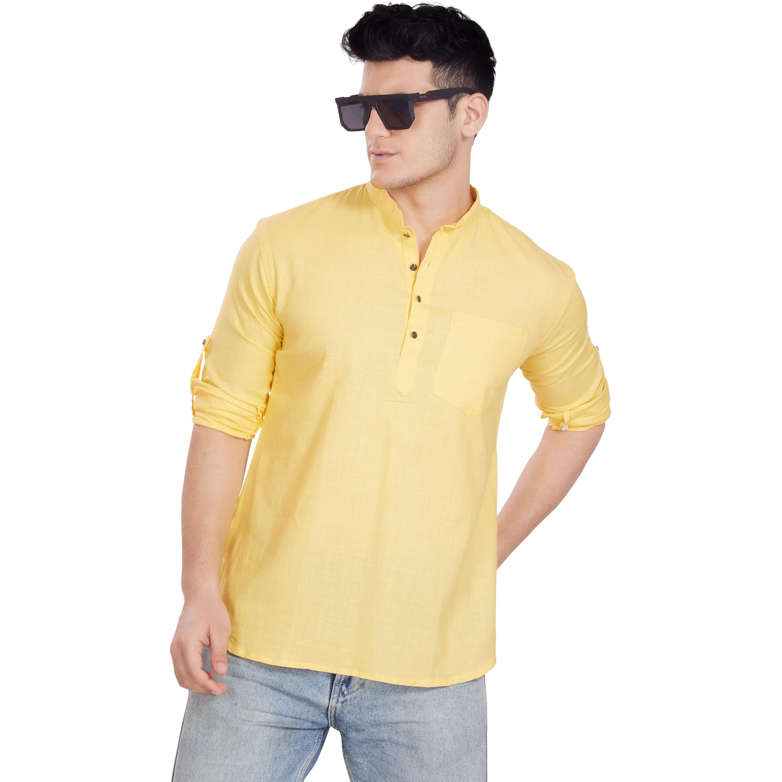 Divisive Men's Pure Cotton Relaxed Fit Short Kurta (Dkrt252_S_Yellow)