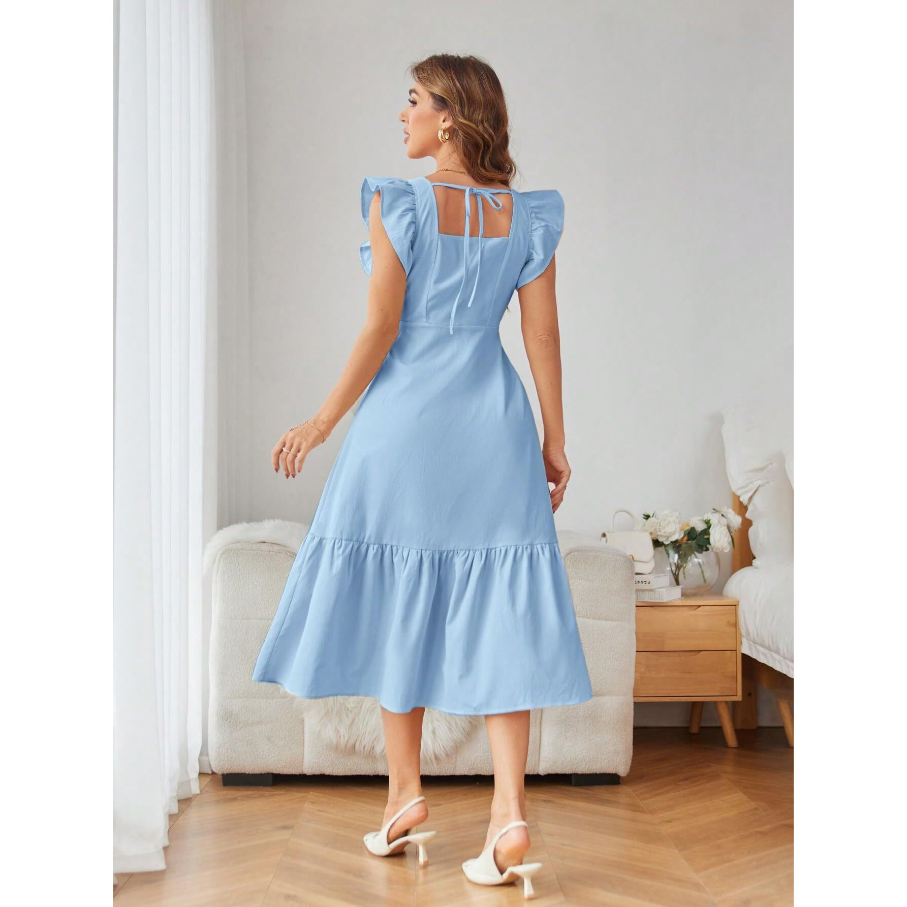 Shasmi Girl's & Women's Solid Baby Blue Color Square Neck, Ruffle-Trimmed Hem Sleeveless, Ruffle Armhole And Casual Dress With Cinched Waist Vacation Outfits Woman (Dress 162 Sky Blue-S)