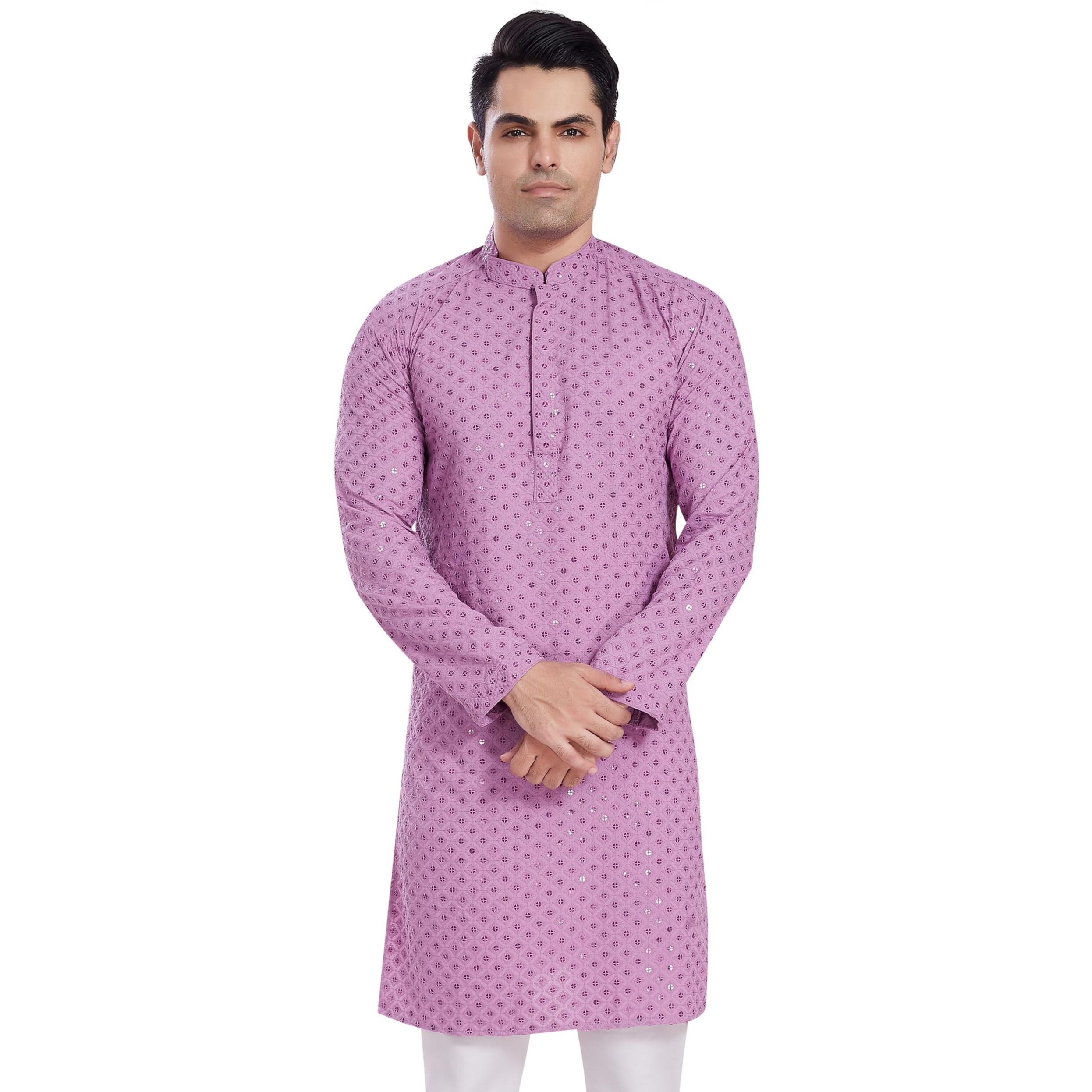 Divisive Men's Sequince Embroidered Cotton Blend Only Slim Fit Kurta (Dkrt522_Xl_Lavendar)