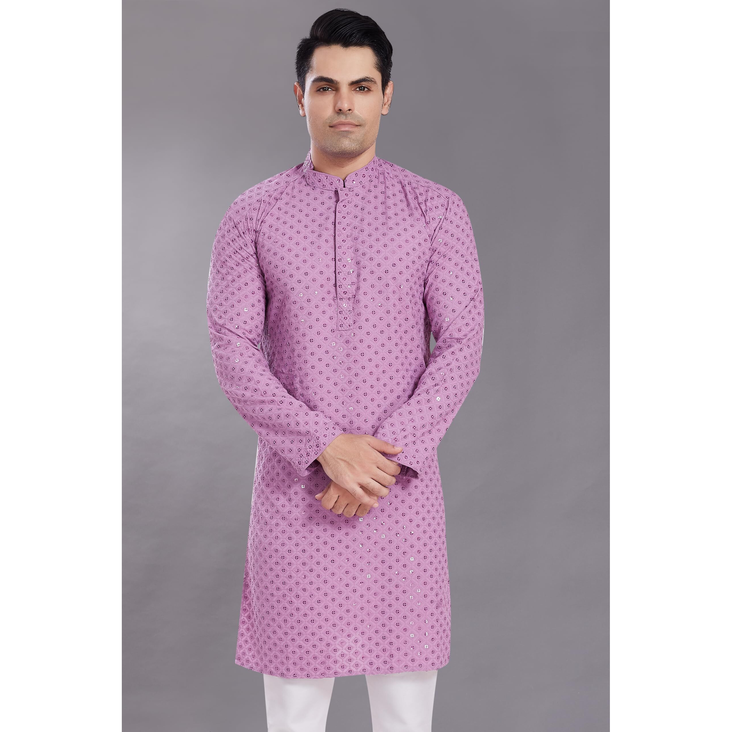 Divisive Men's Sequince Embroidered Cotton Blend Only Slim Fit Kurta (Dkrt522_Xl_Lavendar)