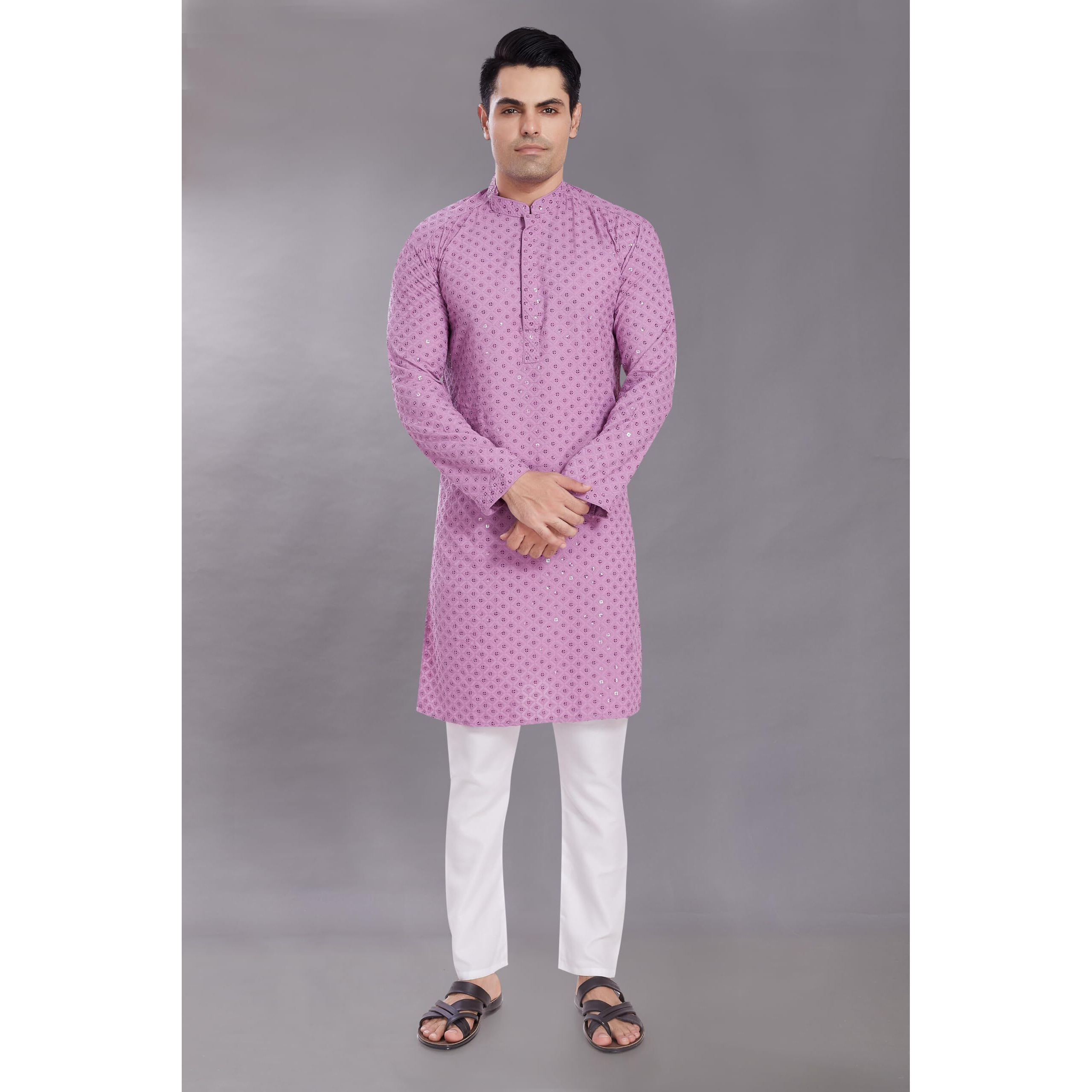 Divisive Men's Sequince Embroidered Cotton Blend Only Slim Fit Kurta (Dkrt522_Xl_Lavendar)