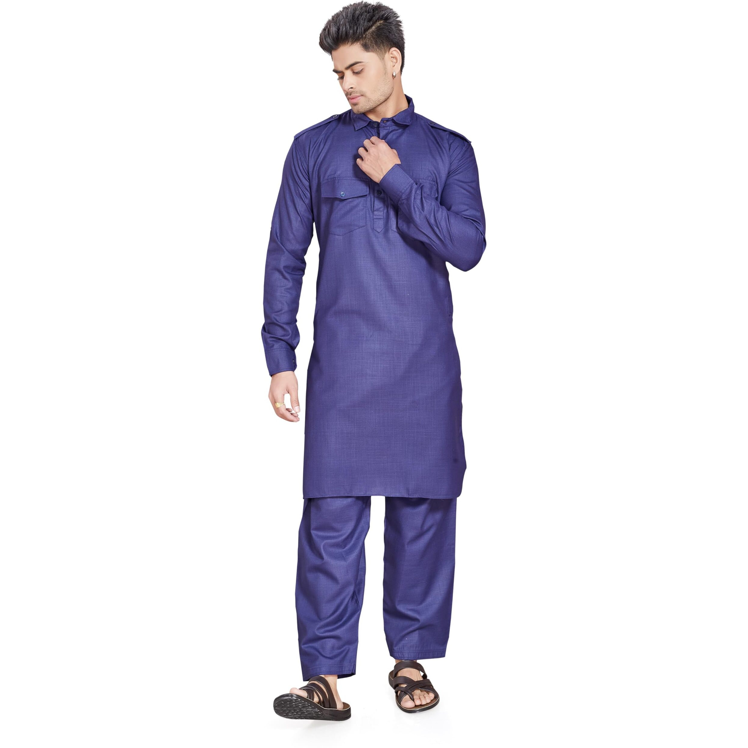 Divisive Men's Cotton Blend Pathani Kurta Pyjama Set (Dkrt458_L_N Blue)