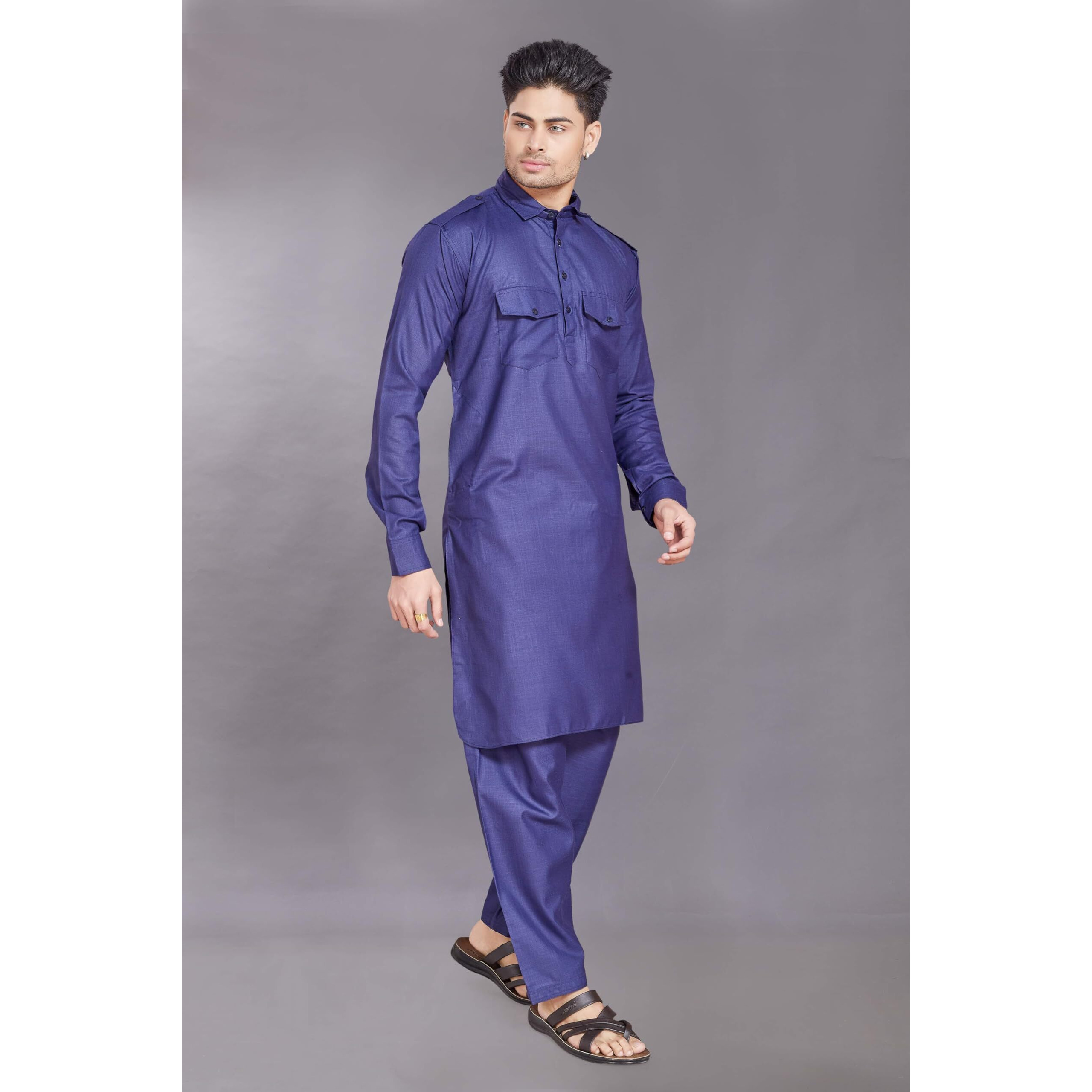 Divisive Men's Cotton Blend Pathani Kurta Pyjama Set (Dkrt458_L_N Blue)