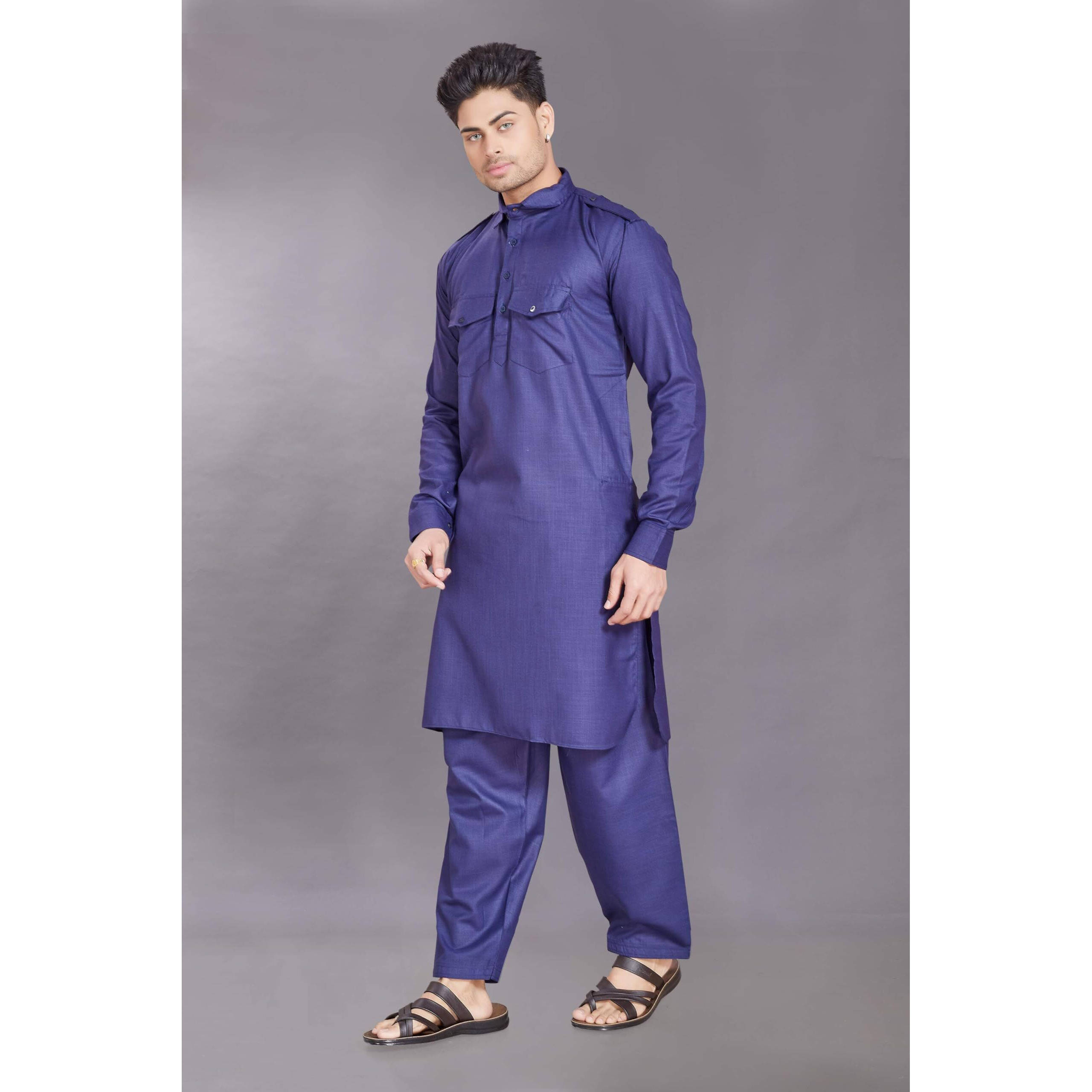Divisive Men's Cotton Blend Pathani Kurta Pyjama Set (Dkrt458_L_N Blue)