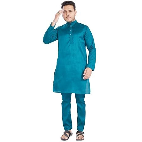 Divisive Men's Plain Dupion Silk Blend Slim Fit Kurta Pyjama Set (Dkrt931_S_Turquoise)