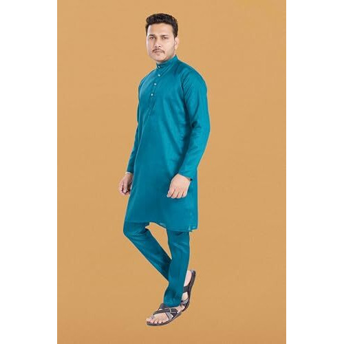 Divisive Men's Plain Dupion Silk Blend Slim Fit Kurta Pyjama Set (Dkrt931_S_Turquoise)