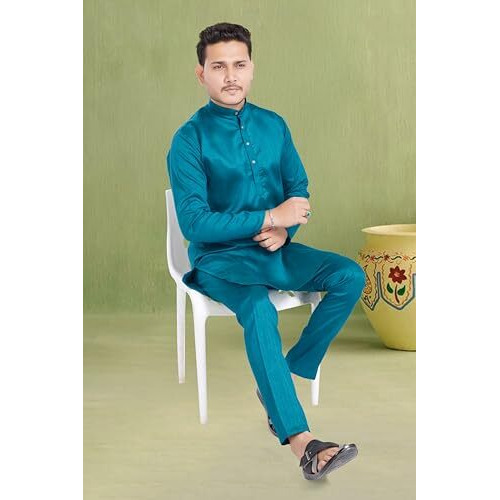 Divisive Men's Plain Dupion Silk Blend Slim Fit Kurta Pyjama Set (Dkrt931_S_Turquoise)