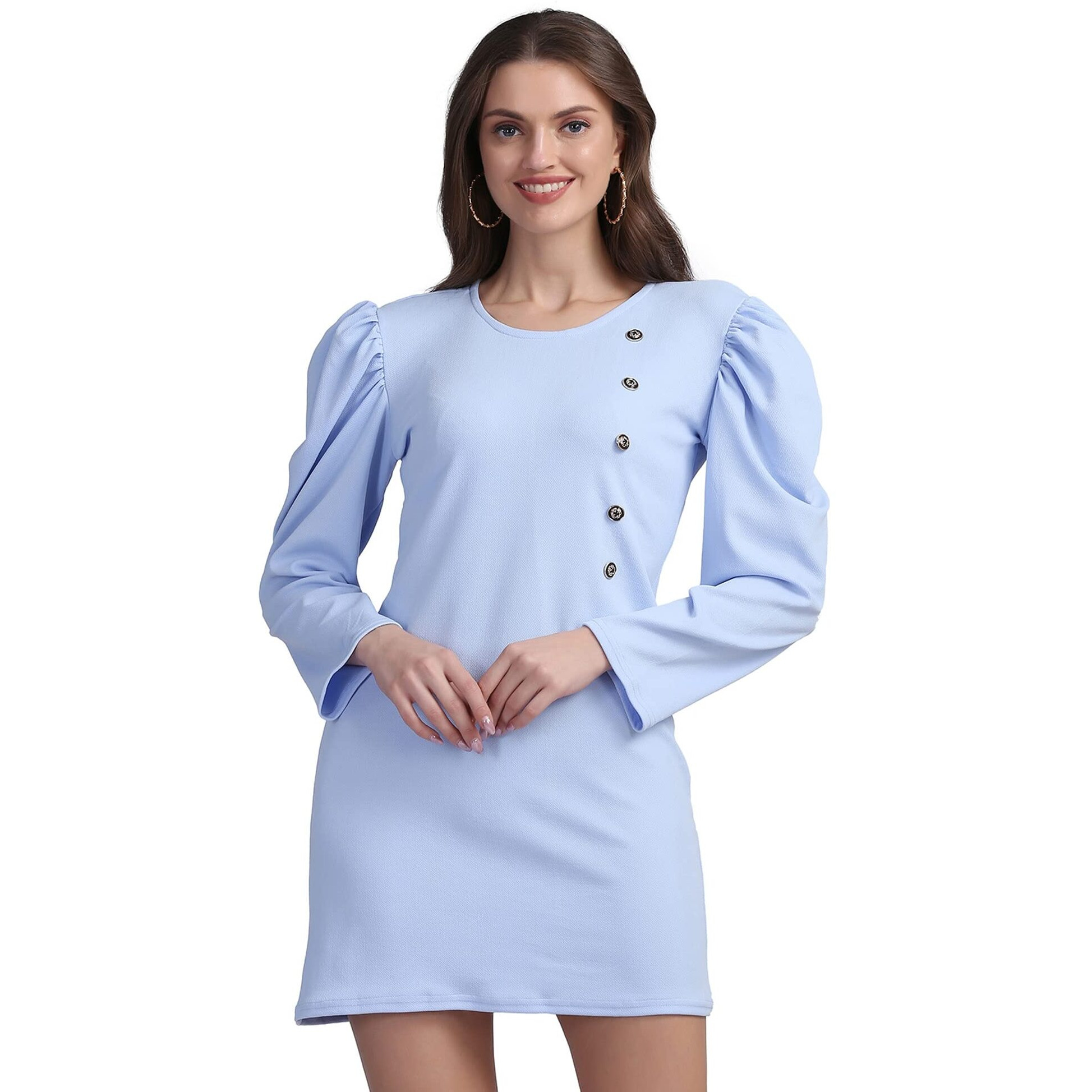 Shasmi Women's Comfortable Sky Blue Round Neck Full Sleeve Solid Midi Bodycon Casual Western Stylish Dress For Womens/Midi Dress For Girls (Shree Midi 13 Sky Blue S)