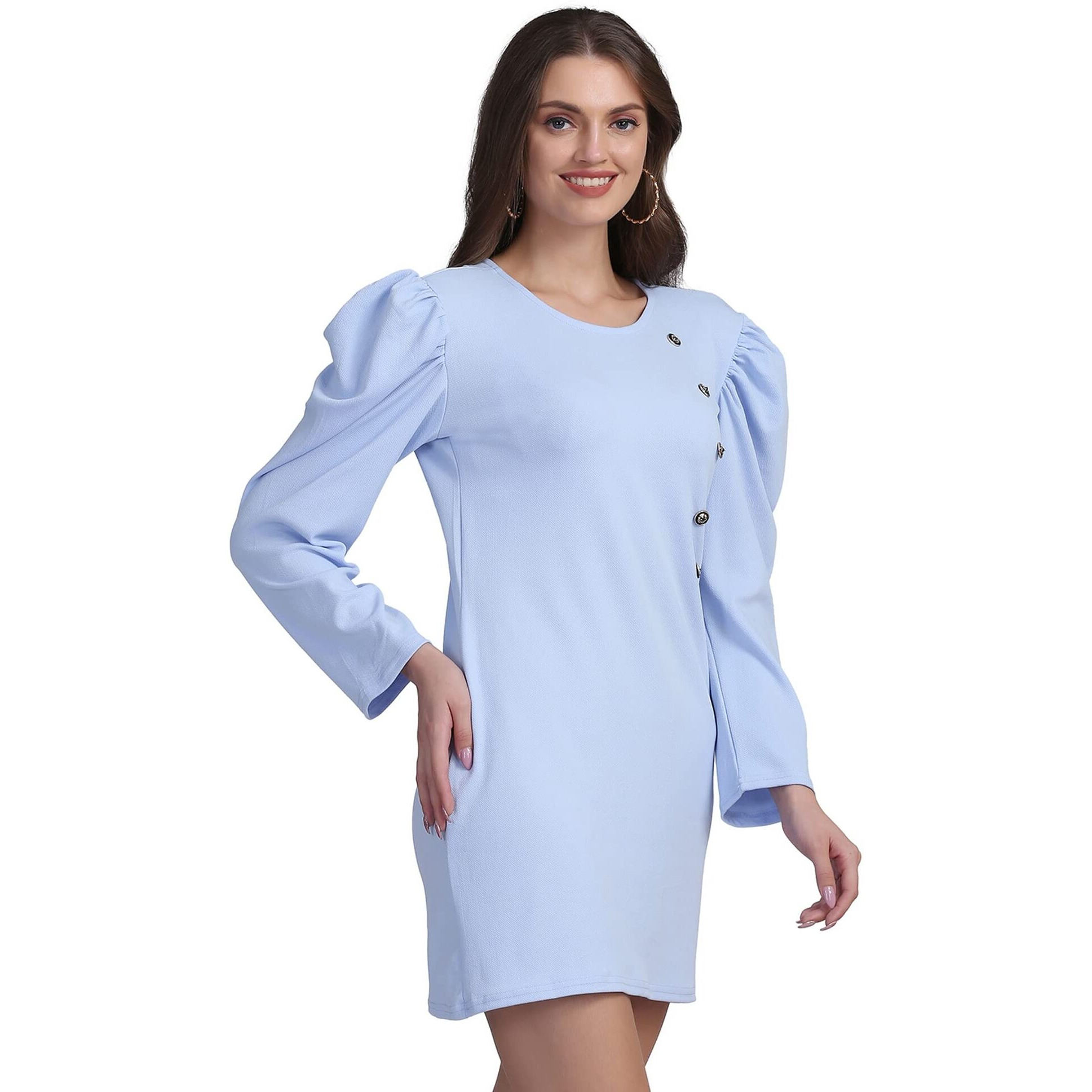 Shasmi Women's Comfortable Sky Blue Round Neck Full Sleeve Solid Midi Bodycon Casual Western Stylish Dress For Womens/Midi Dress For Girls (Shree Midi 13 Sky Blue S)