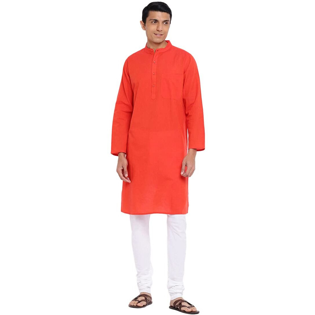 Fabindia Men Cotton Long Kurta Comfort Fit Orange_S