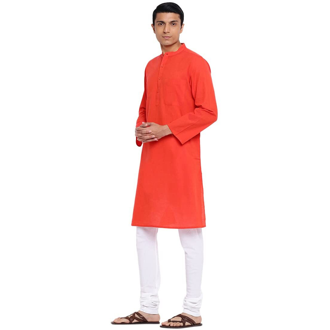 Fabindia Men Cotton Long Kurta Comfort Fit Orange_S