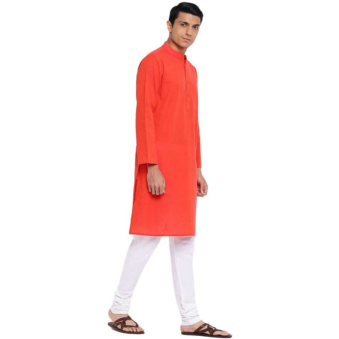 Fabindia Men Cotton Long Kurta Comfort Fit Orange_S