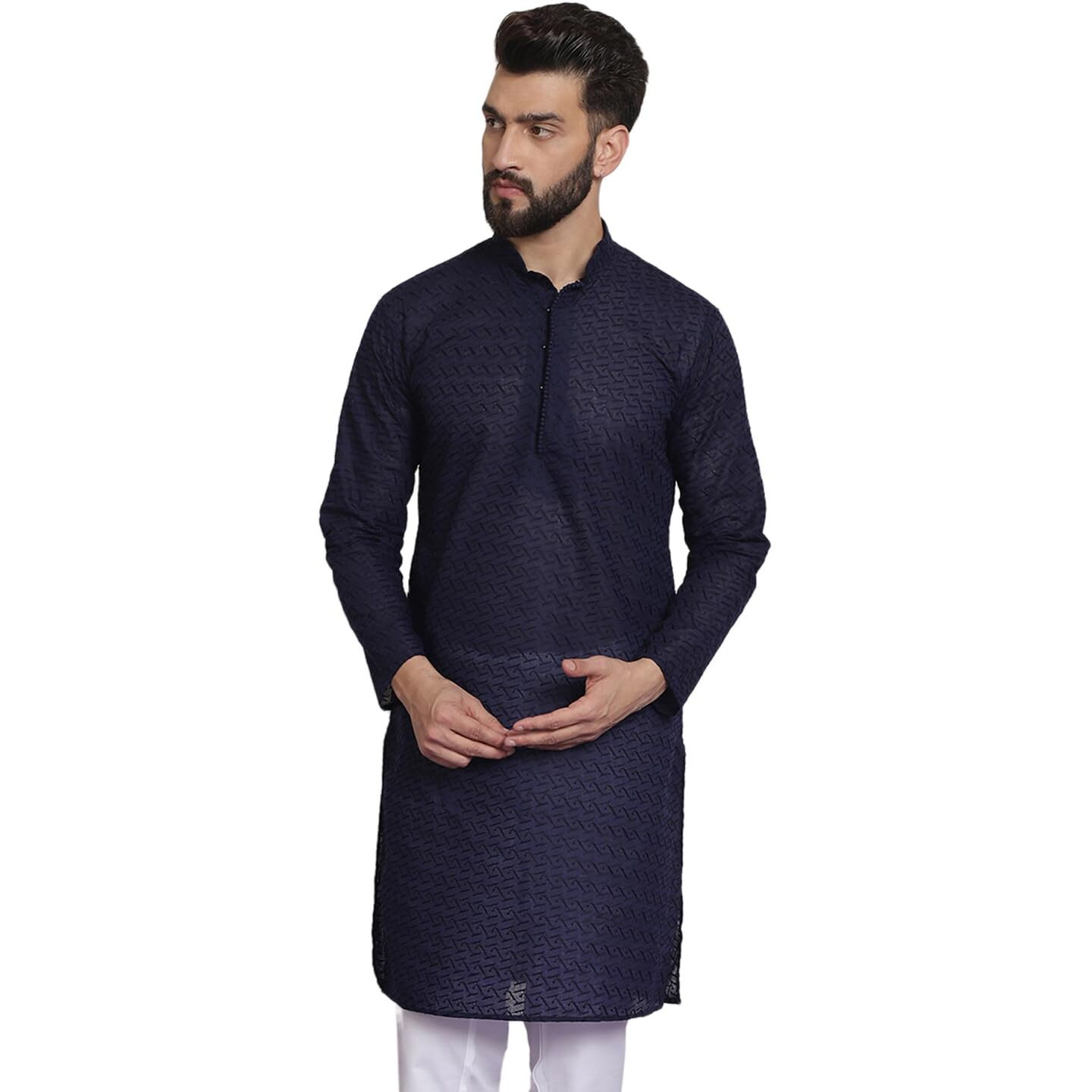 Sojanya (Since 1958 Ethnic Motifs Embroidered Thread Work Pure Cotton Navy Blue Straight Only Kurta