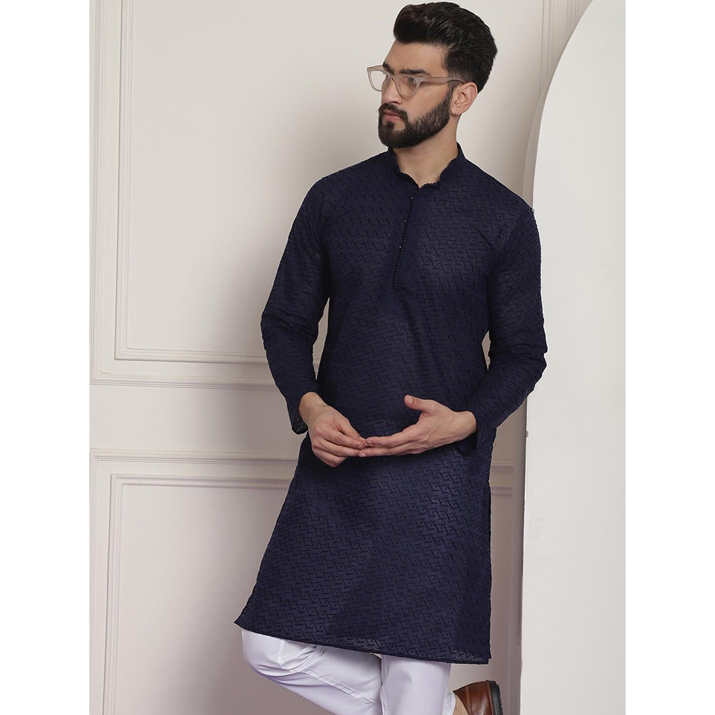 Sojanya (Since 1958 Ethnic Motifs Embroidered Thread Work Pure Cotton Navy Blue Straight Only Kurta