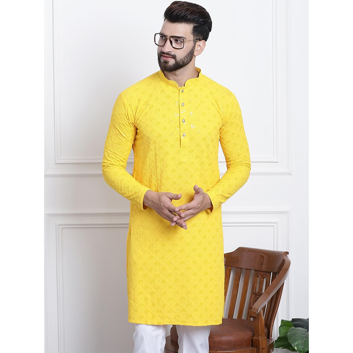 Sojanya (Since 1958 Men's Pure Cotton Yellow Sequence Only Long Kurta