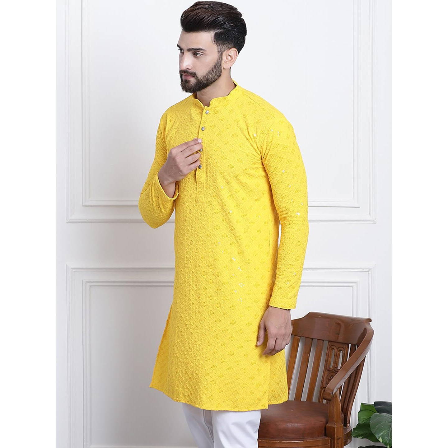 Sojanya (Since 1958 Men's Pure Cotton Yellow Sequence Only Long Kurta