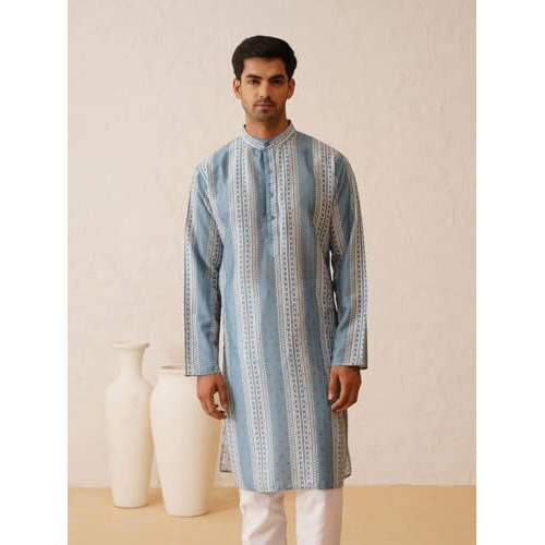 Sojanya (Since 1958 Men's Cotton Silk Wove Design Teal Blue Long Kurta