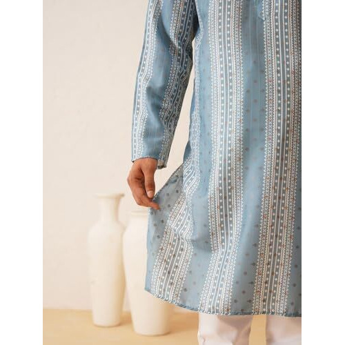 Sojanya (Since 1958 Men's Cotton Silk Wove Design Teal Blue Long Kurta