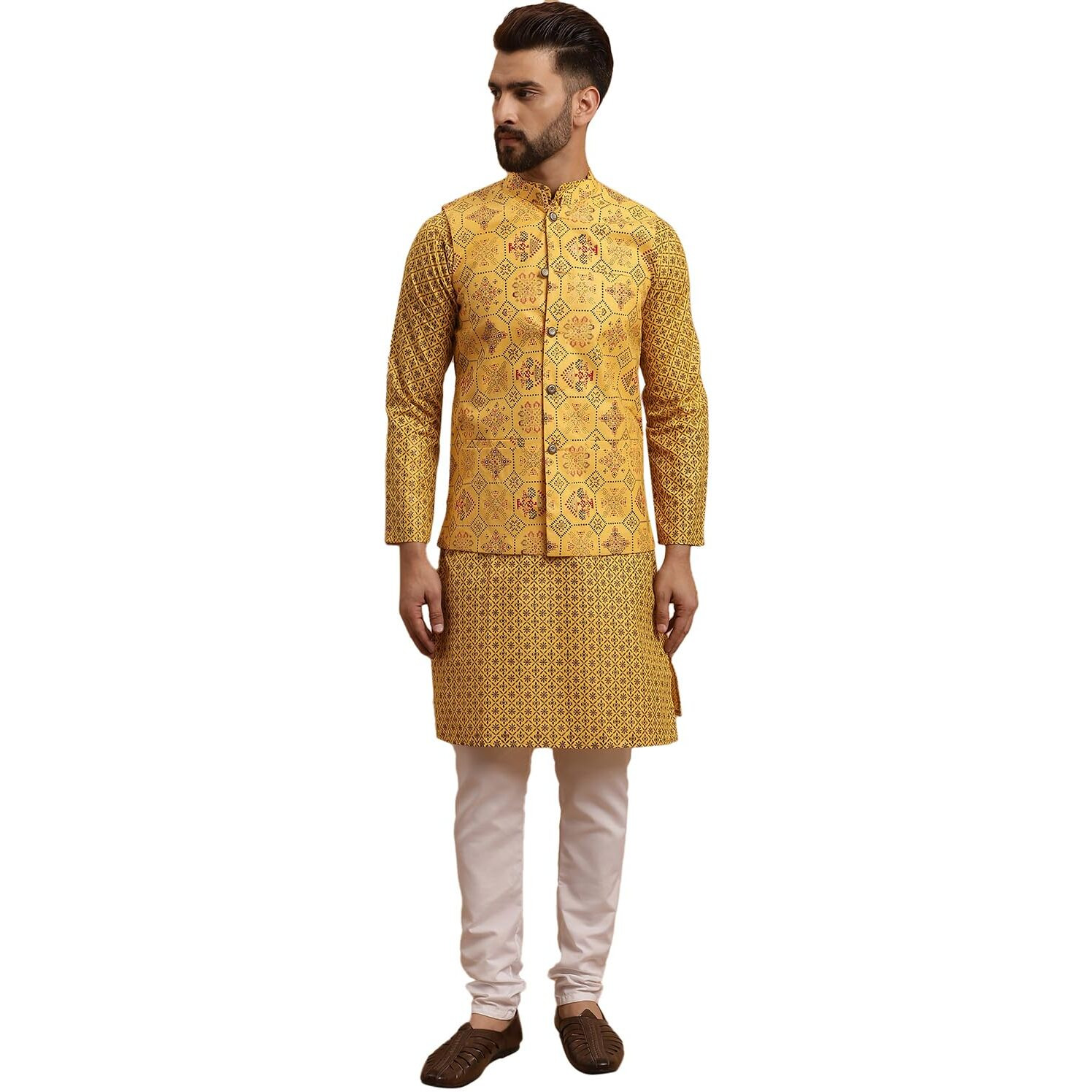 Sojanya (Since 1958 Men's Cotton Linen Mustard Kurta And White Pyjama With Mustard Cotton Nehru Jacket