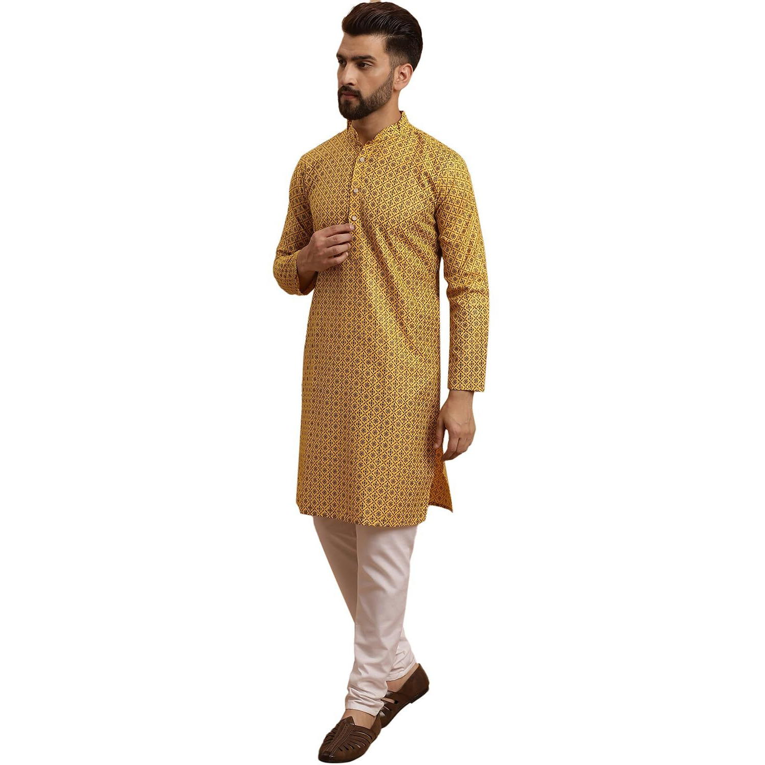 Sojanya (Since 1958 Men's Cotton Linen Mustard Kurta And White Pyjama With Mustard Cotton Nehru Jacket