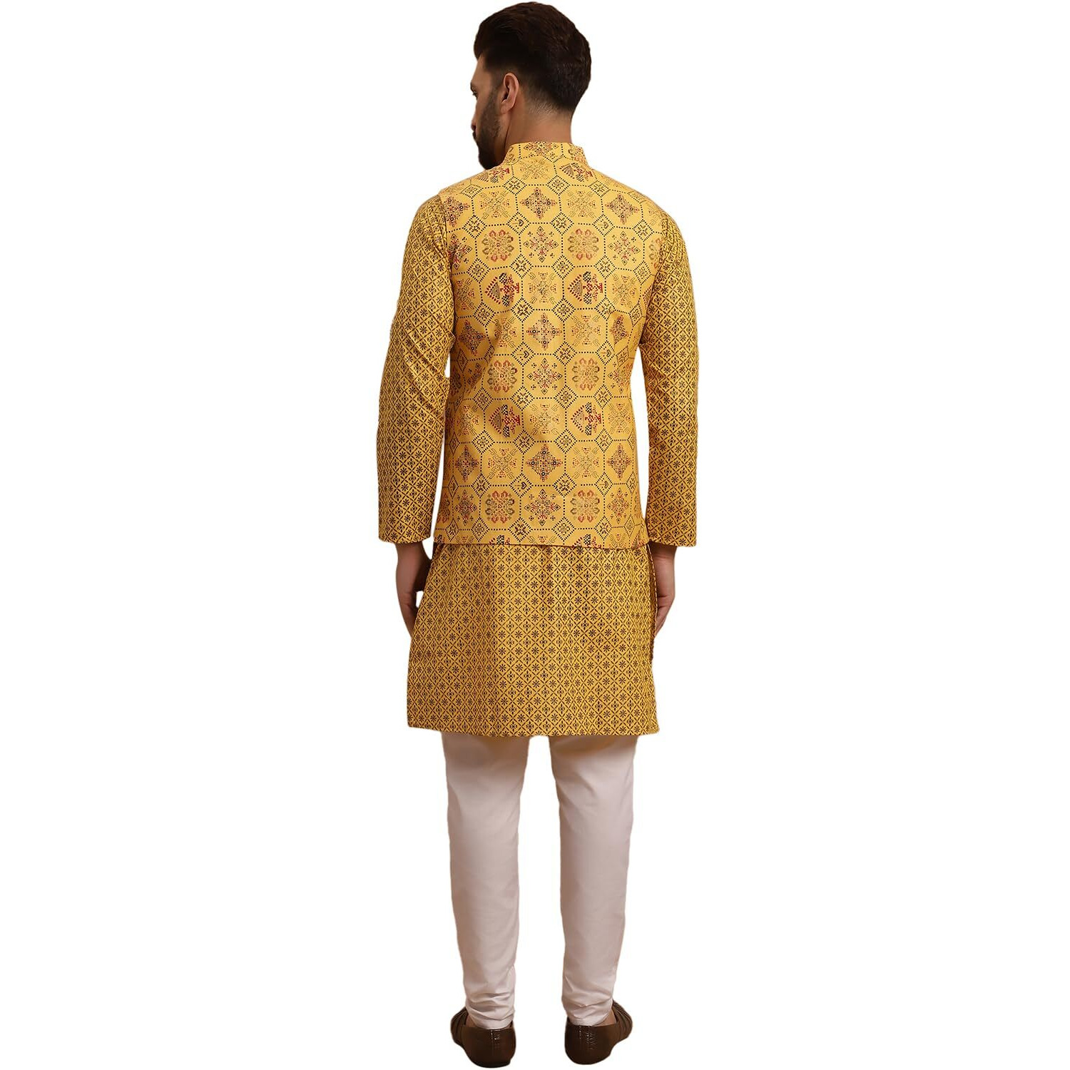 Sojanya (Since 1958 Men's Cotton Linen Mustard Kurta And White Pyjama With Mustard Cotton Nehru Jacket