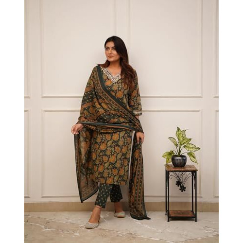 Fabnex Kurta Set For Women | Women Embroidered Kurta Set | Women Kurta Sets Kurtis | Women Kurta Pant Set (K-91-92) (In, Alpha, S, Regular, Green)