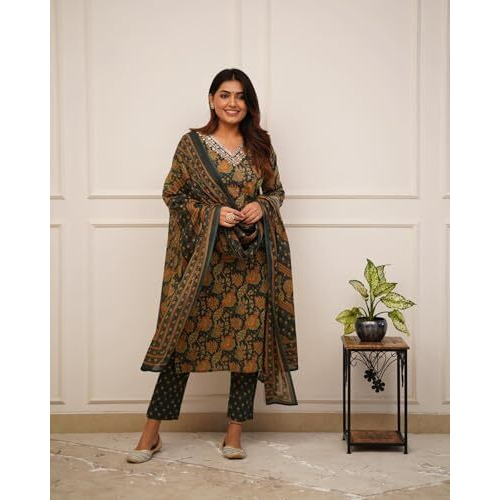 Fabnex Kurta Set For Women | Women Embroidered Kurta Set | Women Kurta Sets Kurtis | Women Kurta Pant Set (K-91-92) (In, Alpha, S, Regular, Green)