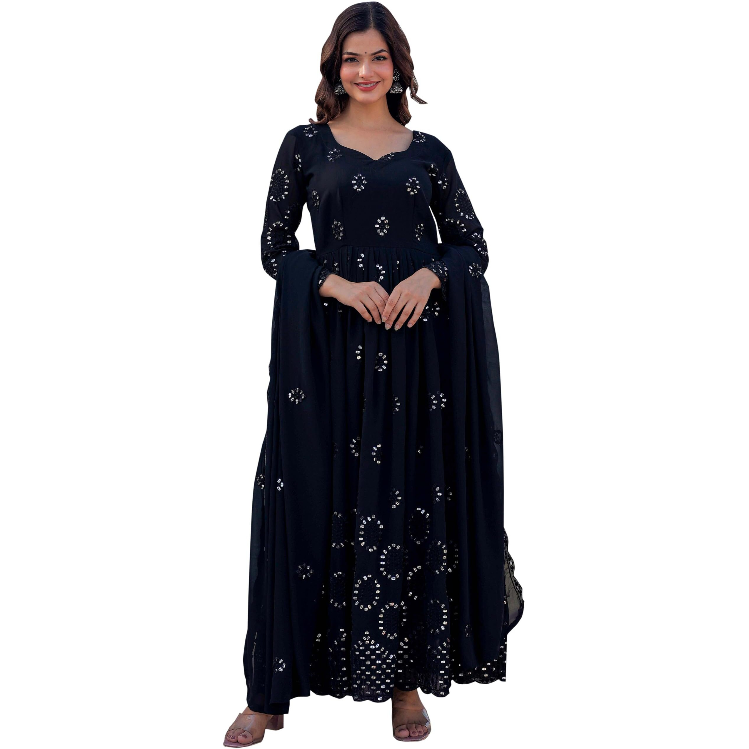 Fashion Basket Women's Georgette Anarkali Gown, Black (Small)