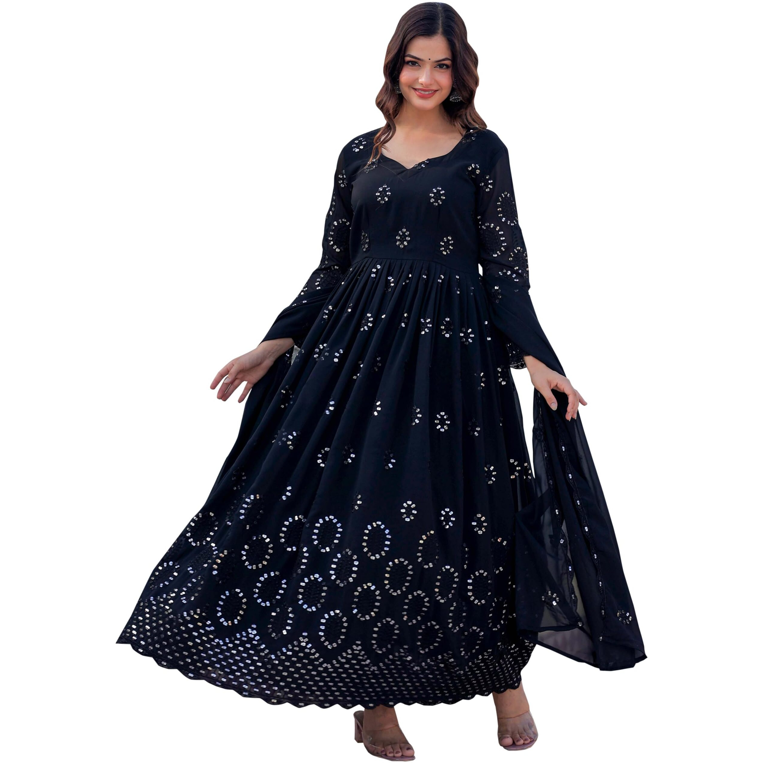 Fashion Basket Women's Georgette Anarkali Gown, Black (Small)