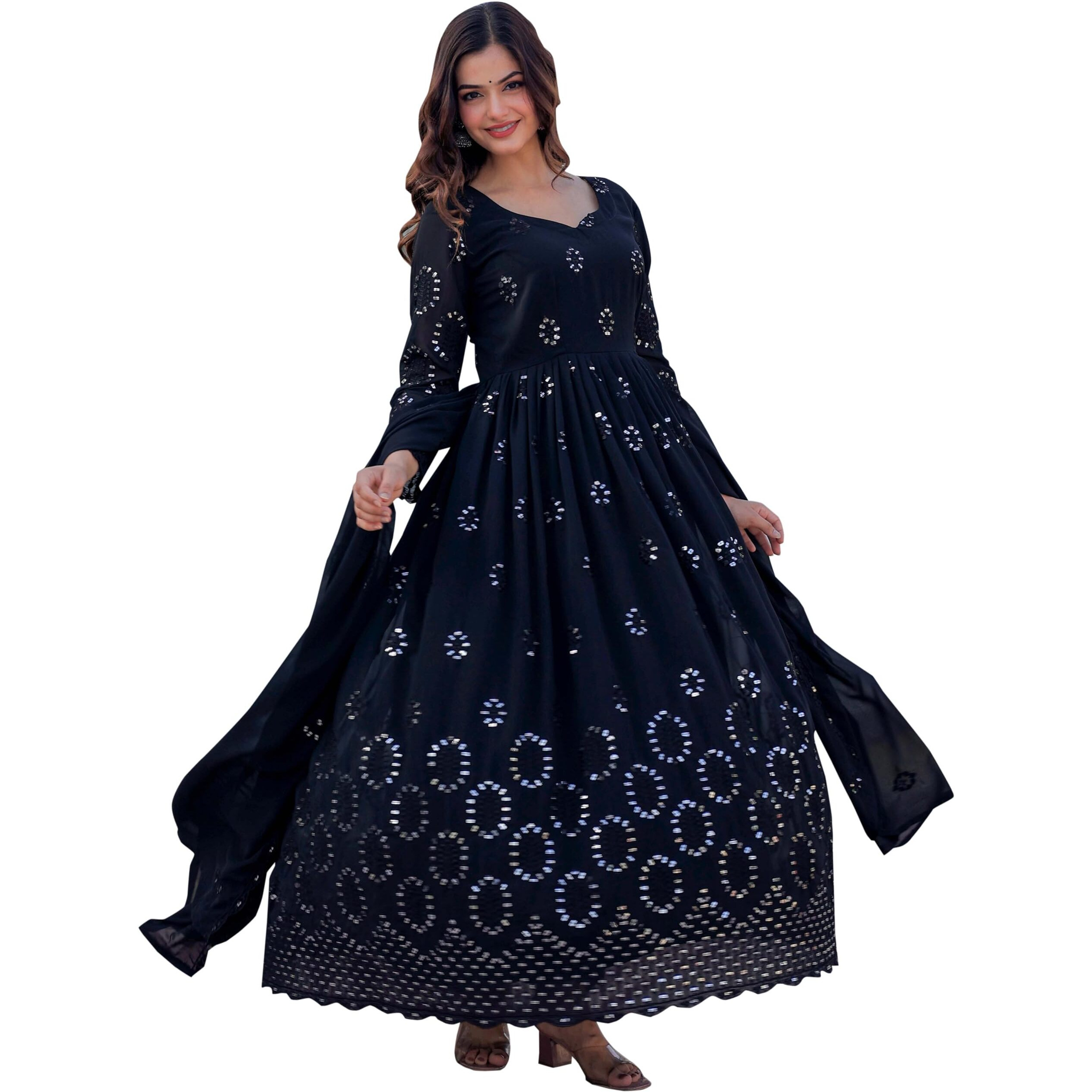 Fashion Basket Women's Georgette Anarkali Gown, Black (Small)