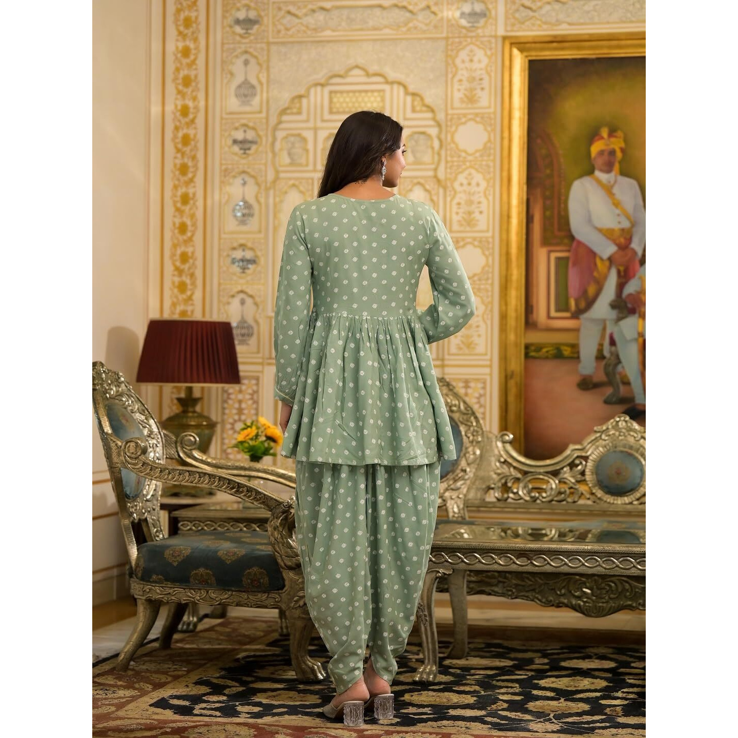 Stylum Women's Bandhani Printed & Embroidered Rayon Pleated Kurti With Dhoti Pant & Dupatta Set (Kpdgreenink40_Green, L)