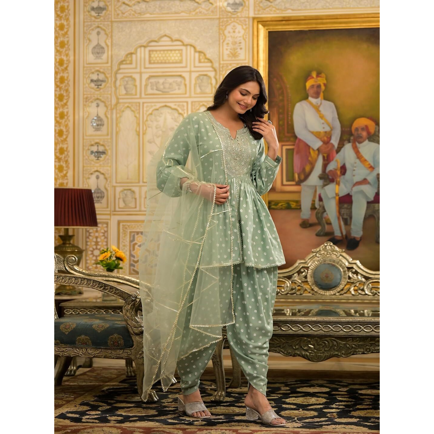 Stylum Women's Bandhani Printed & Embroidered Rayon Pleated Kurti With Dhoti Pant & Dupatta Set (Kpdgreenink40_Green, L)