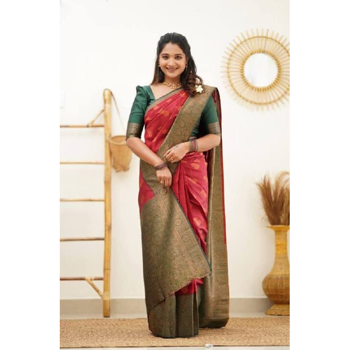 Flosive Women's Present Banarasi Soft Lichi Silk Saree Beautiful Jacquard Rich Pallu Design Work Zari Woven Kanjivaram Silk Style Saree With Soft Lichi Silk Blouse Piece Ayn Royal Multi (Red).