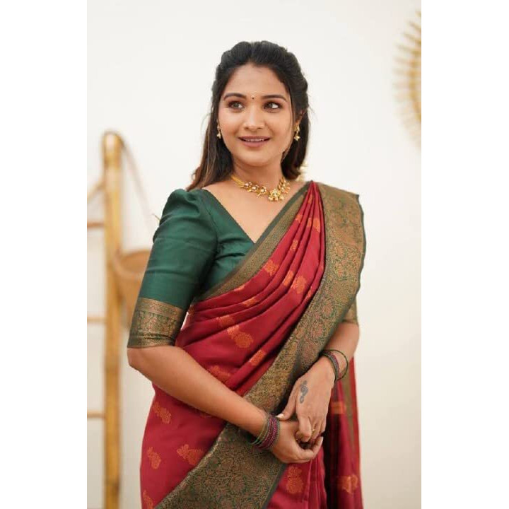 Flosive Women's Present Banarasi Soft Lichi Silk Saree Beautiful Jacquard Rich Pallu Design Work Zari Woven Kanjivaram Silk Style Saree With Soft Lichi Silk Blouse Piece Ayn Royal Multi (Red).