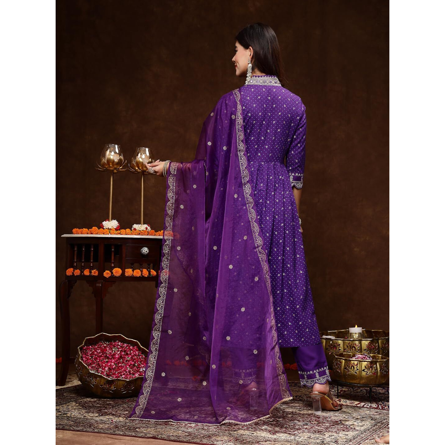 Stylum Women's Bandhani Printed & Embroidered Rayon Flared Kurta Pant Dupatta Set (Kpdvoilgalib42_Violet, Xl)