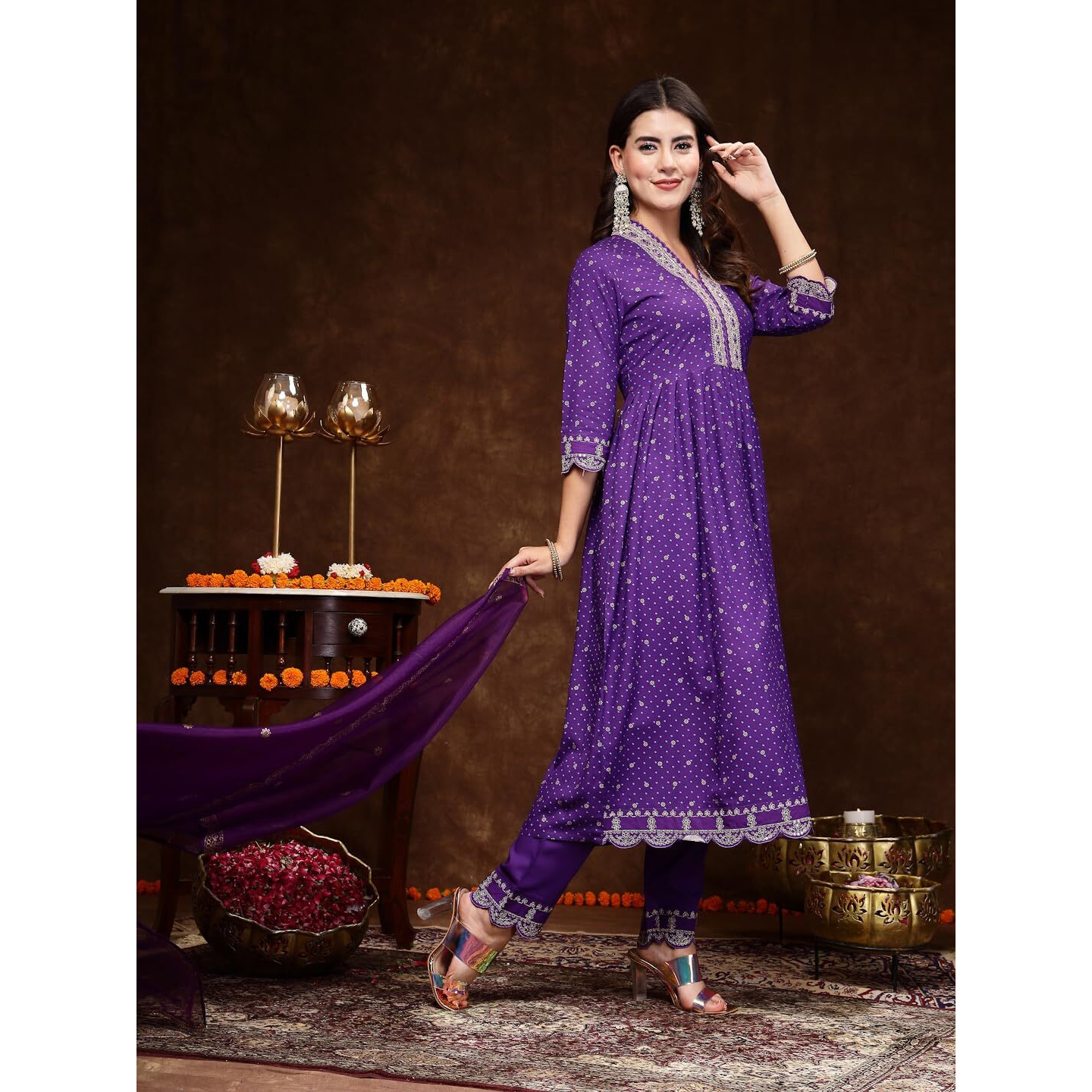 Stylum Women's Bandhani Printed & Embroidered Rayon Flared Kurta Pant Dupatta Set (Kpdvoilgalib42_Violet, Xl)