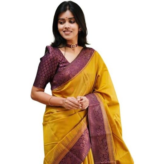 Flosive Women's Yellow Pure Kanjeevaram Silk Saree With Blouse