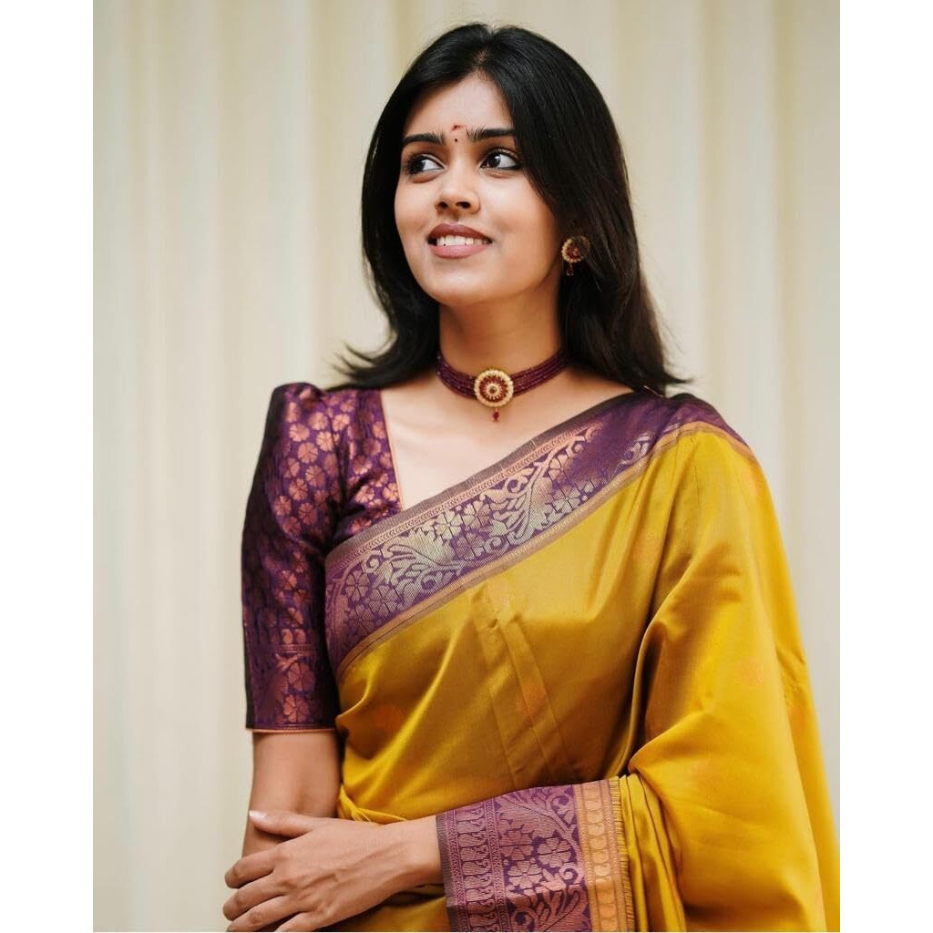 Flosive Women's Yellow Pure Kanjeevaram Silk Saree With Blouse
