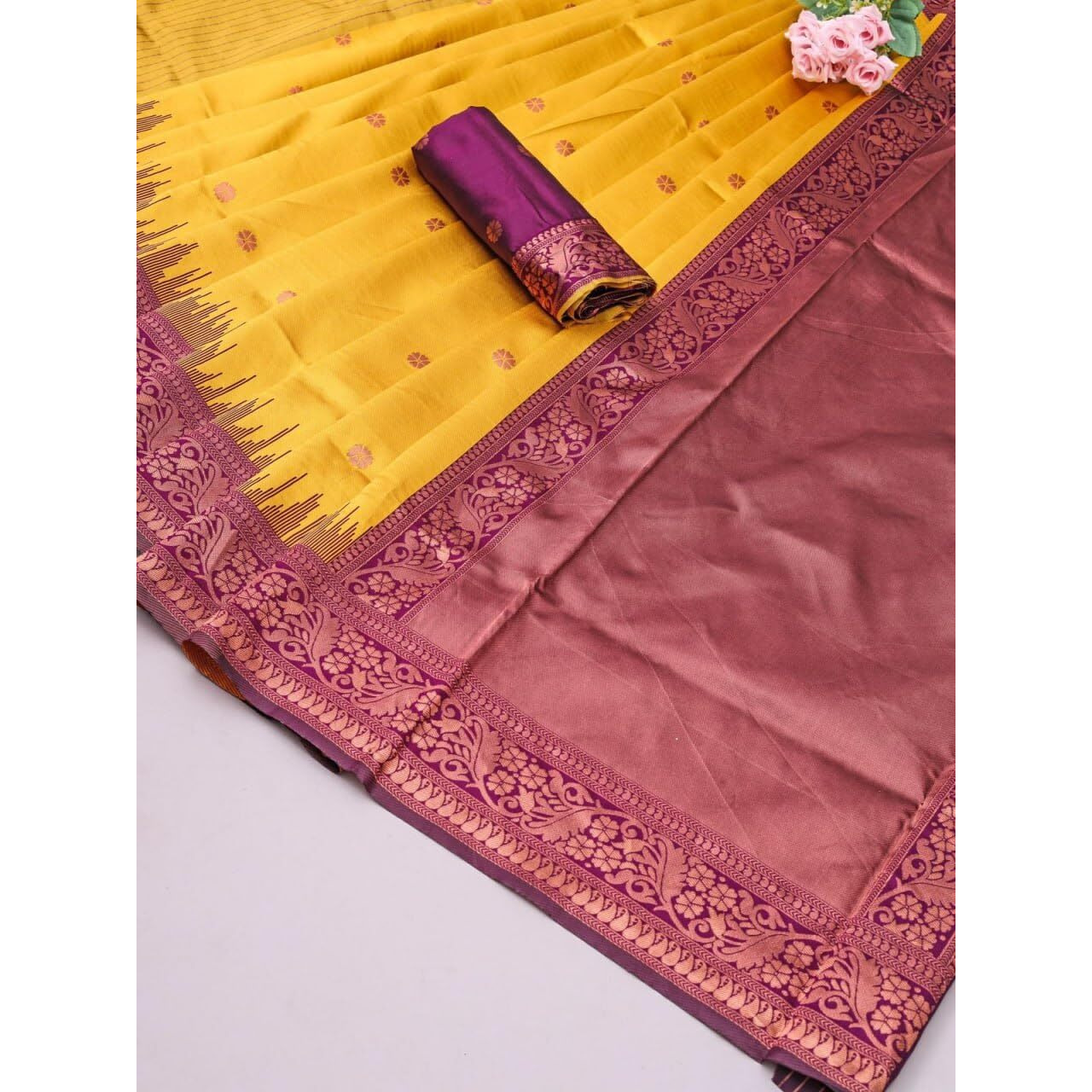 Flosive Women's Yellow Pure Kanjeevaram Silk Saree With Blouse