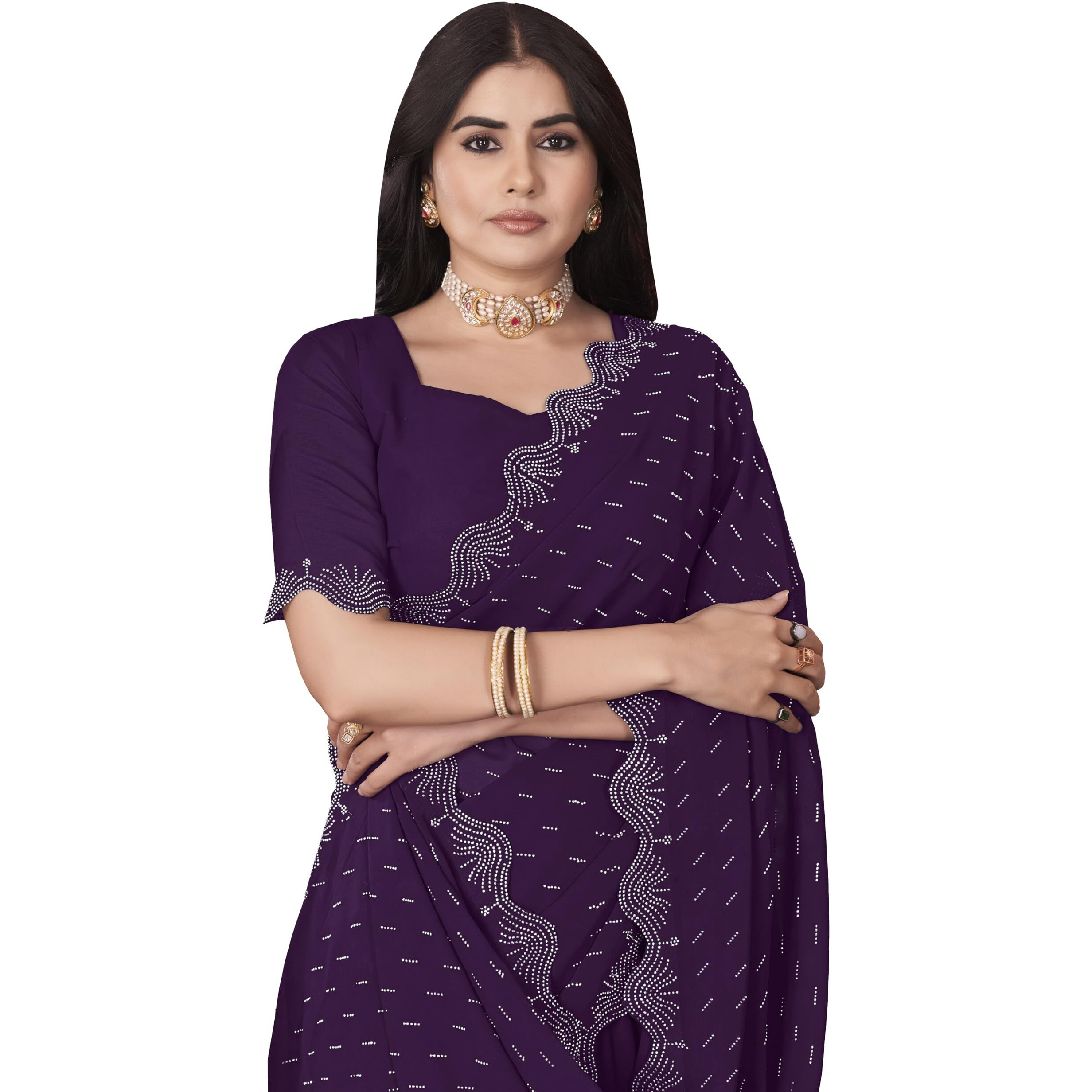 Glory Sarees Women's Georgette Swarovski Saree With Blouse Piece (Swarovskisarees_Wine)